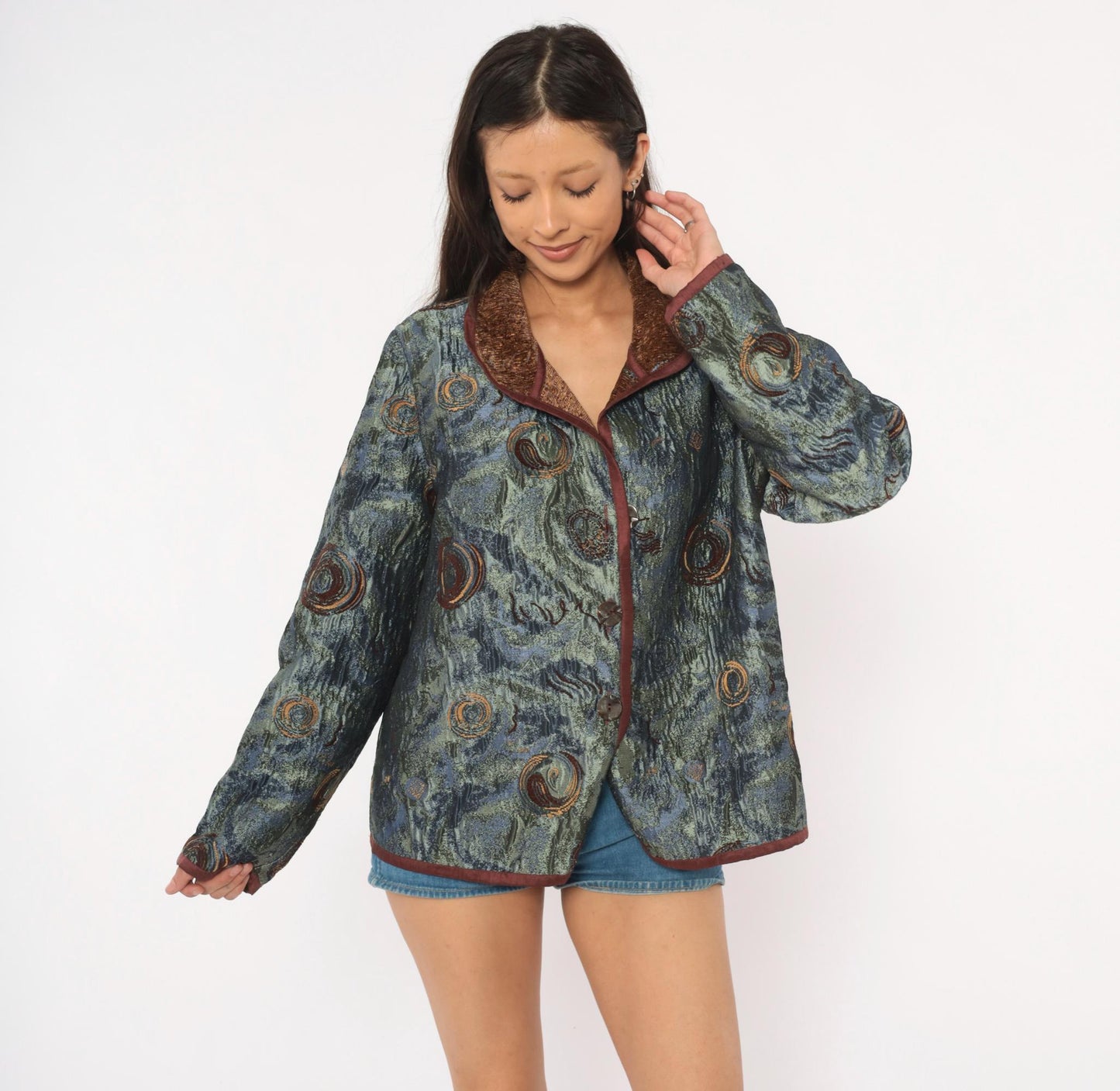 2000s Yak Magik Tapestry Blazer Woven Spiral Jacquard Blue Green Brown Extra Large XXL