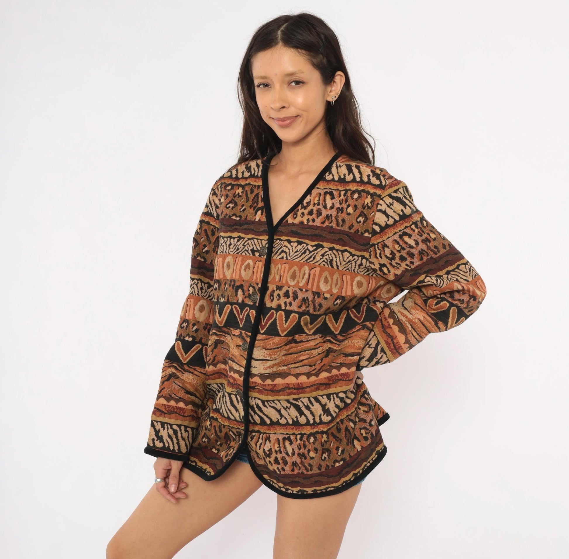 Y2K Stonebridge Tapestry Jacket Animal Print Woven Cotton Tan Brown Extra Large