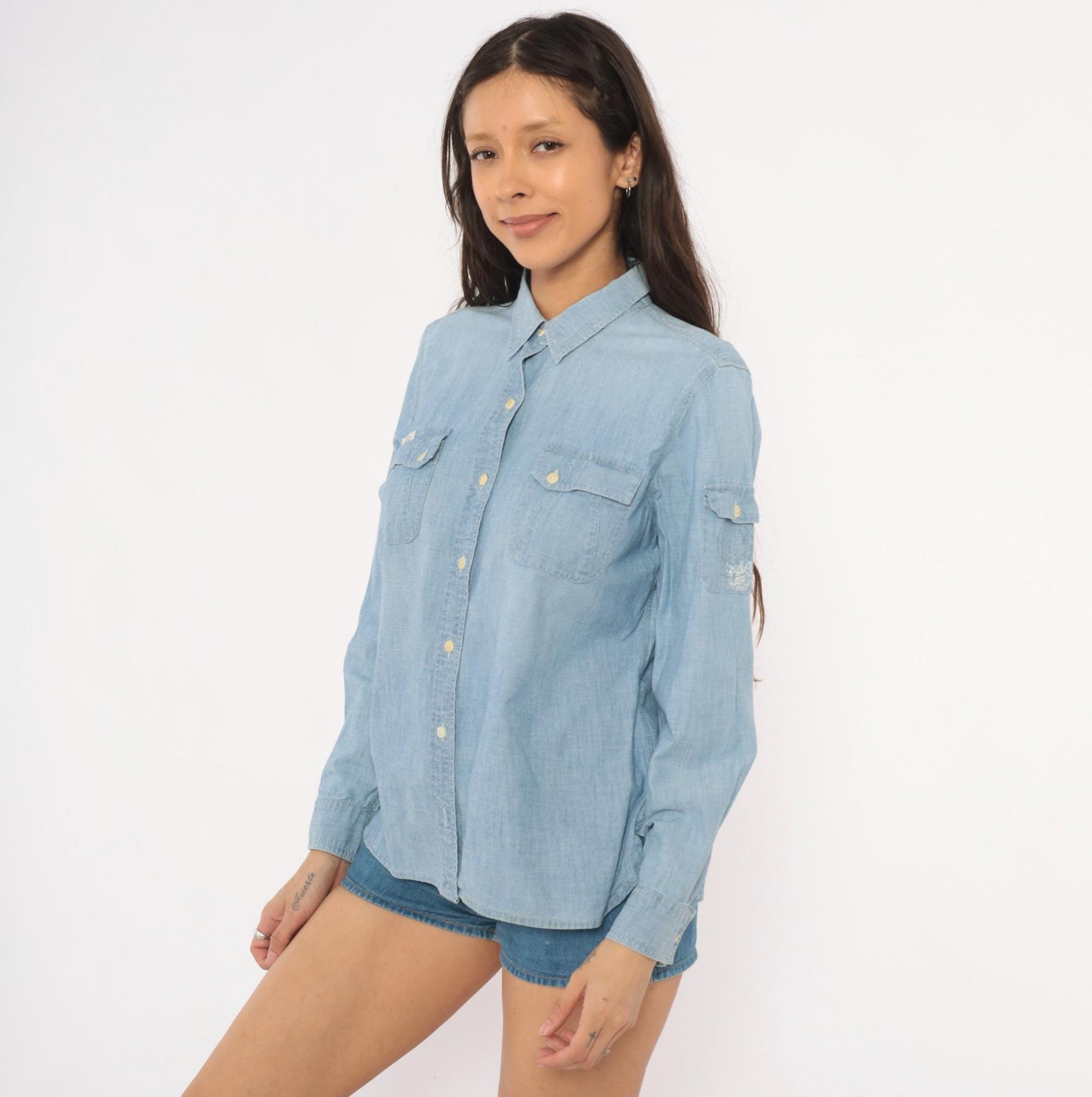 90s Ralph Lauren Jeans Co Chambray Button-Up Shirt Light Blue Cotton Long Sleeve Large L
