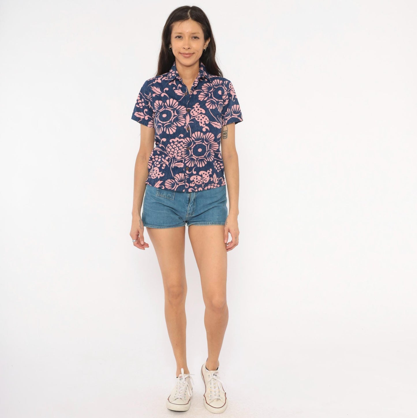 2000s Kahala Hawaiian Floral Shirt Cobalt Blue Pink Cotton XS