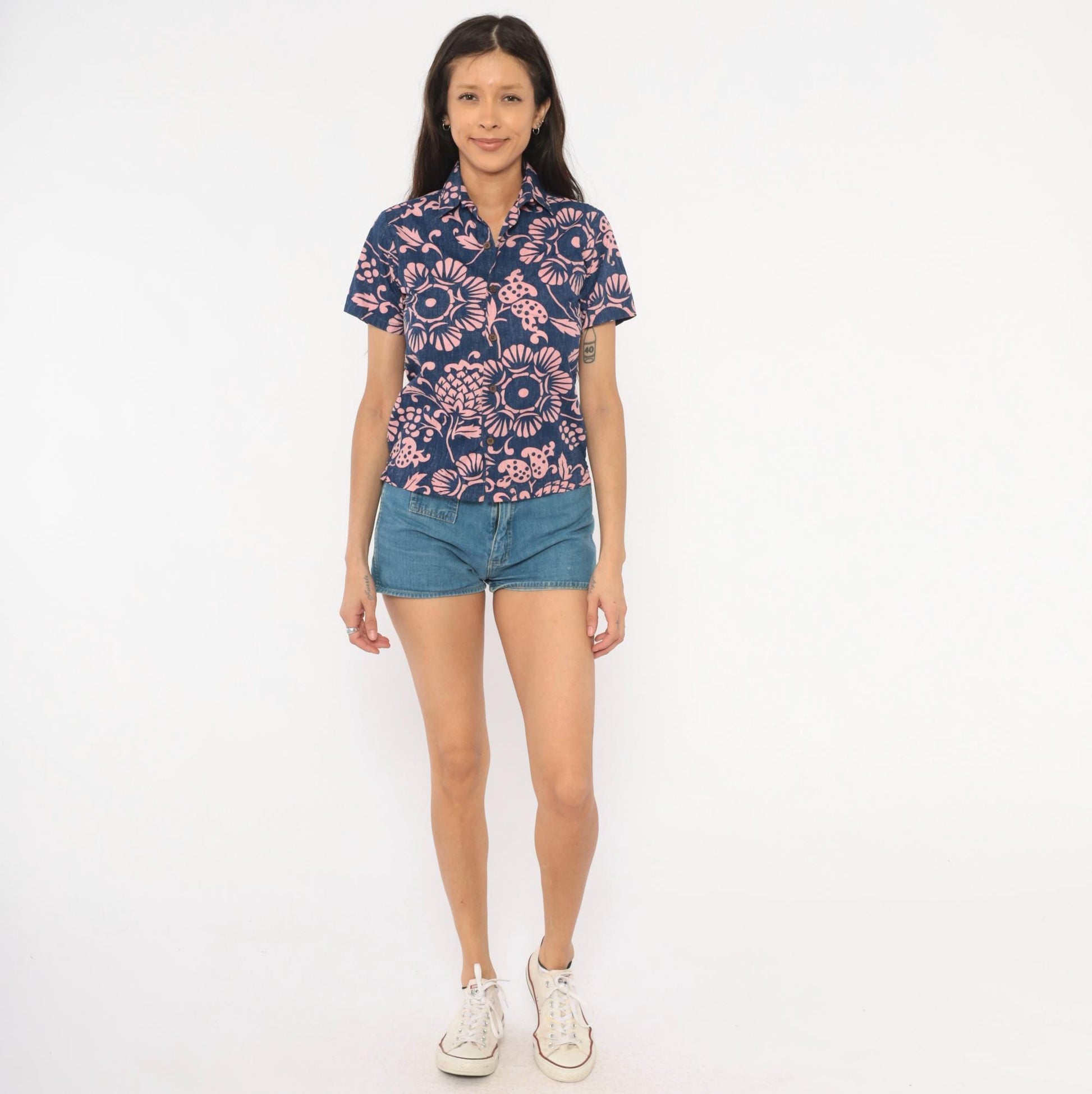 2000s Kahala Hawaiian Floral Shirt Cobalt Blue Pink Cotton XS