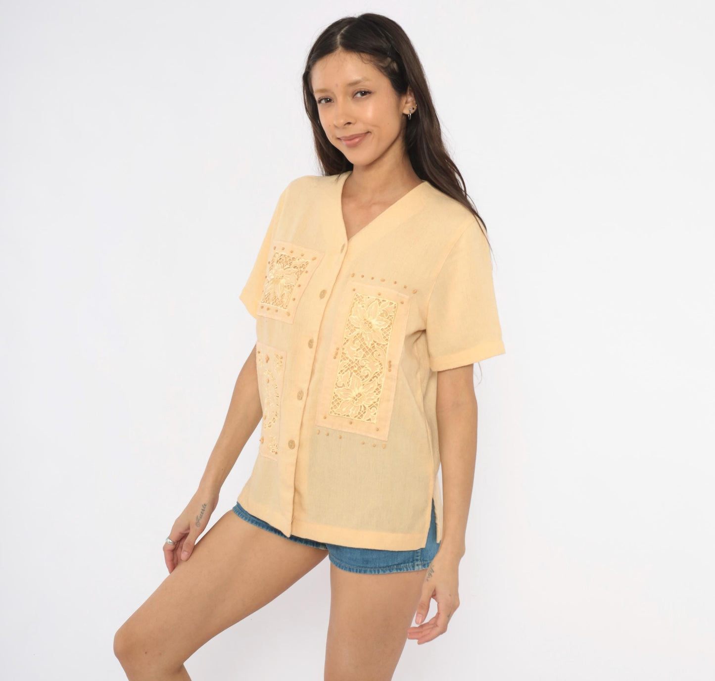 80s Alfred Dunner Cutwork Lace Blouse Cream Floral Embroidered Petite Small