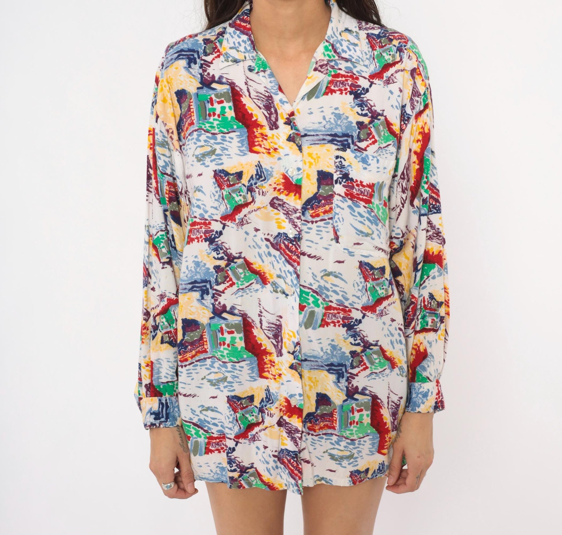 90s Ilio Abstract Painterly Button-Up Blouse Multicolor Camp Collar Medium M