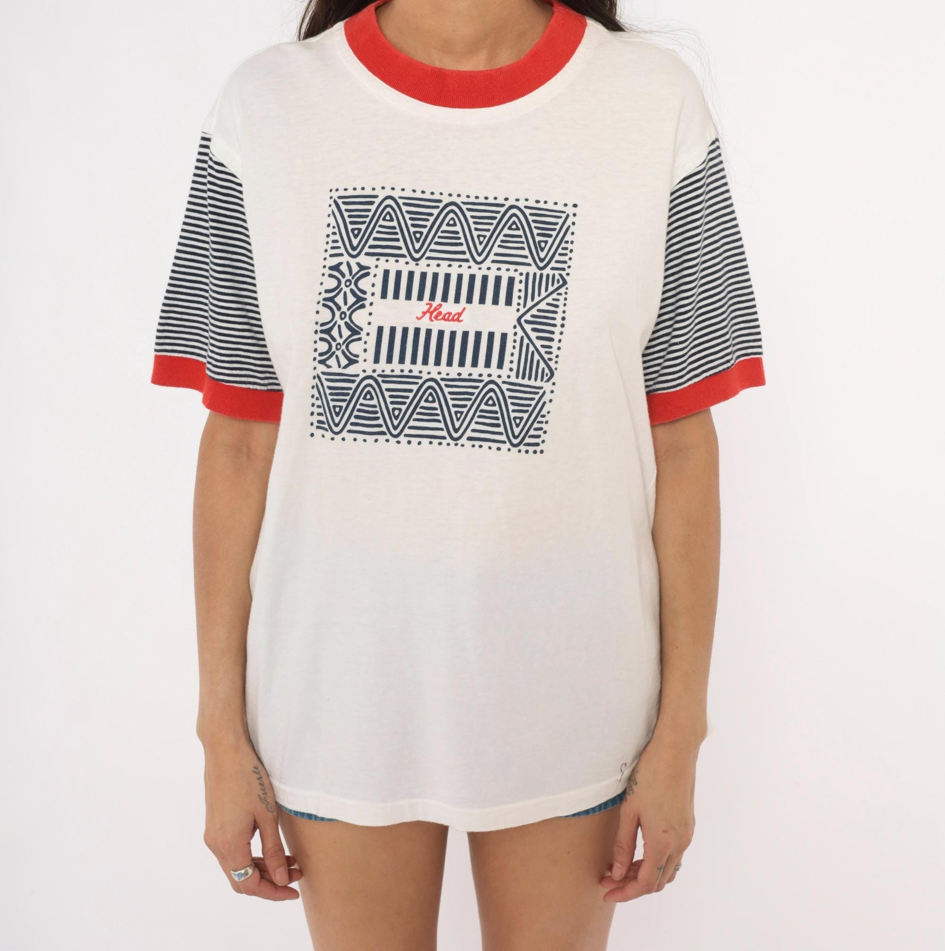 90s Head Sportswear Ringer Tee Geometric Print White Navy Red Striped Large L