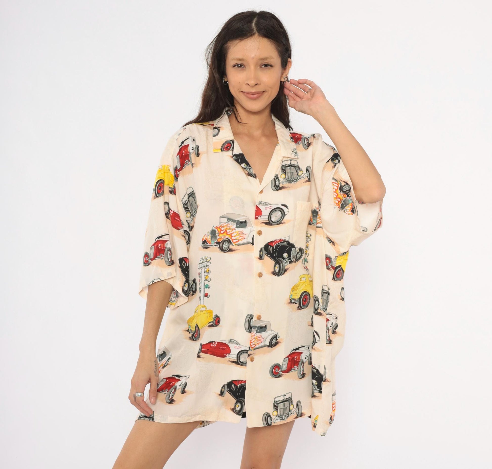 2000s Paradise Found Hot Rod Hawaiian Shirt Cream Flame Print Plus Size XXL