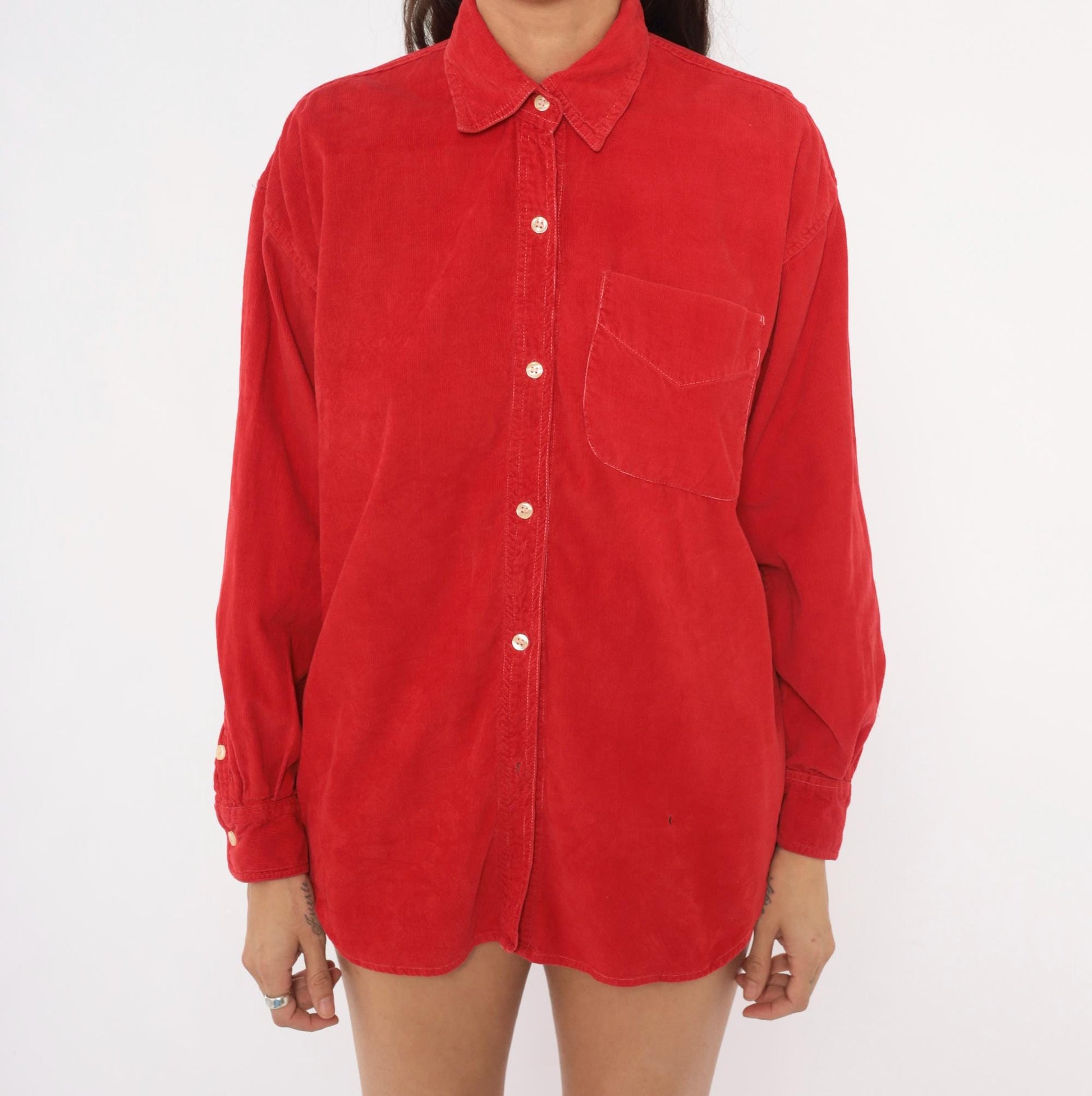 90s 2 of Us Red Corduroy Button-Front Shirt Cotton Long Sleeve Medium M