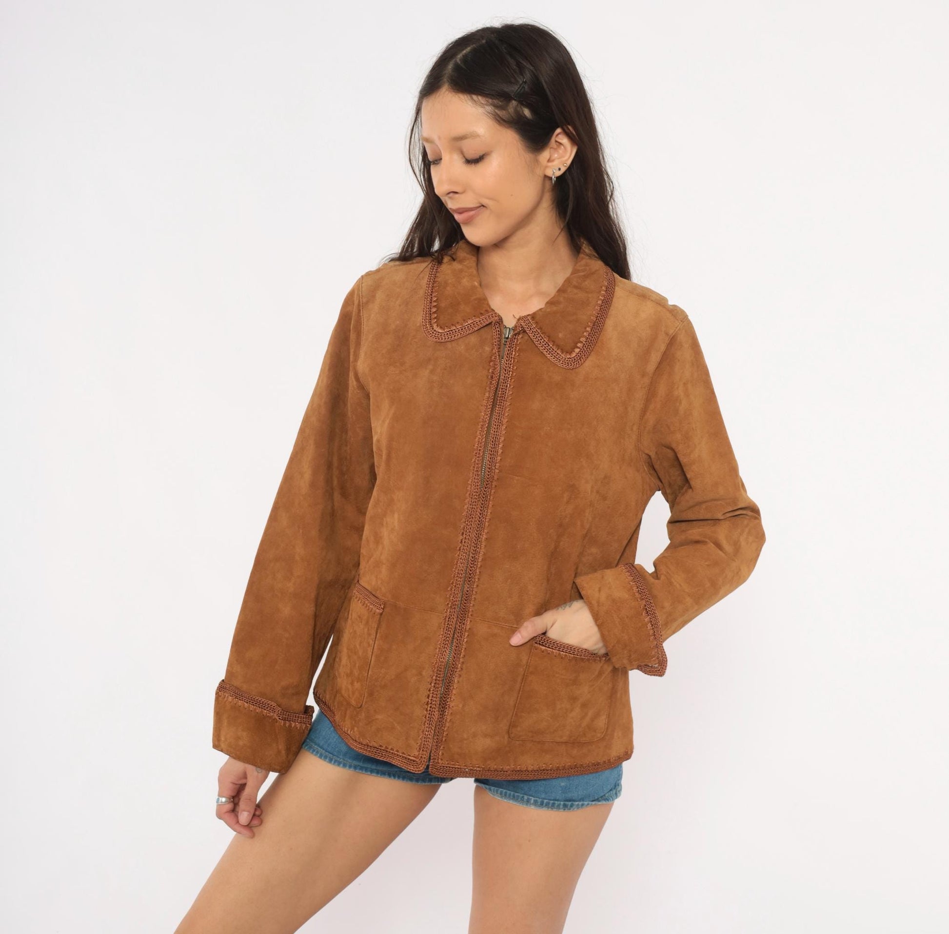 2000s Christopher & Banks Suede Jacket Brown Crochet Trim Zip Collared Large L