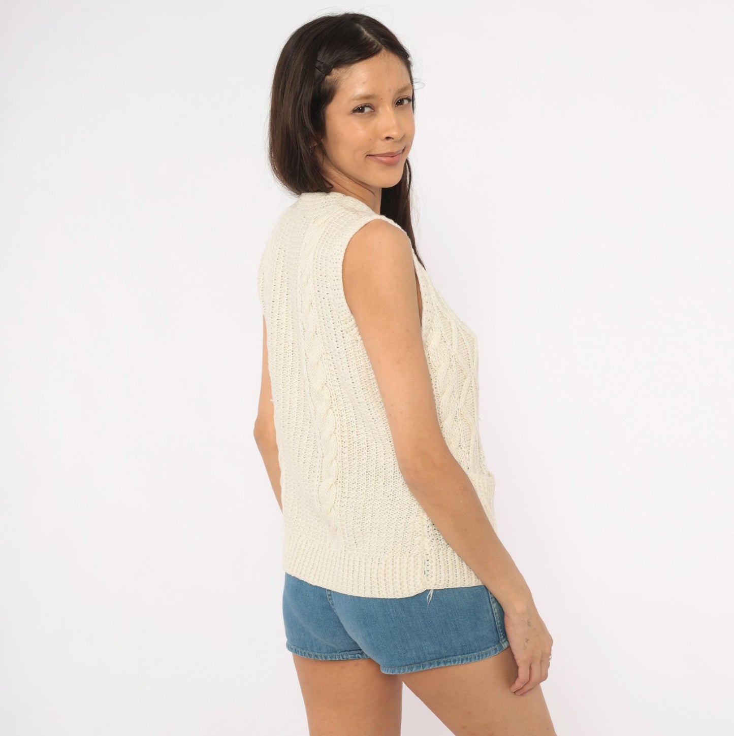 70s Cream Cable Knit Sweater Vest V Neck Pullover Preppy Small