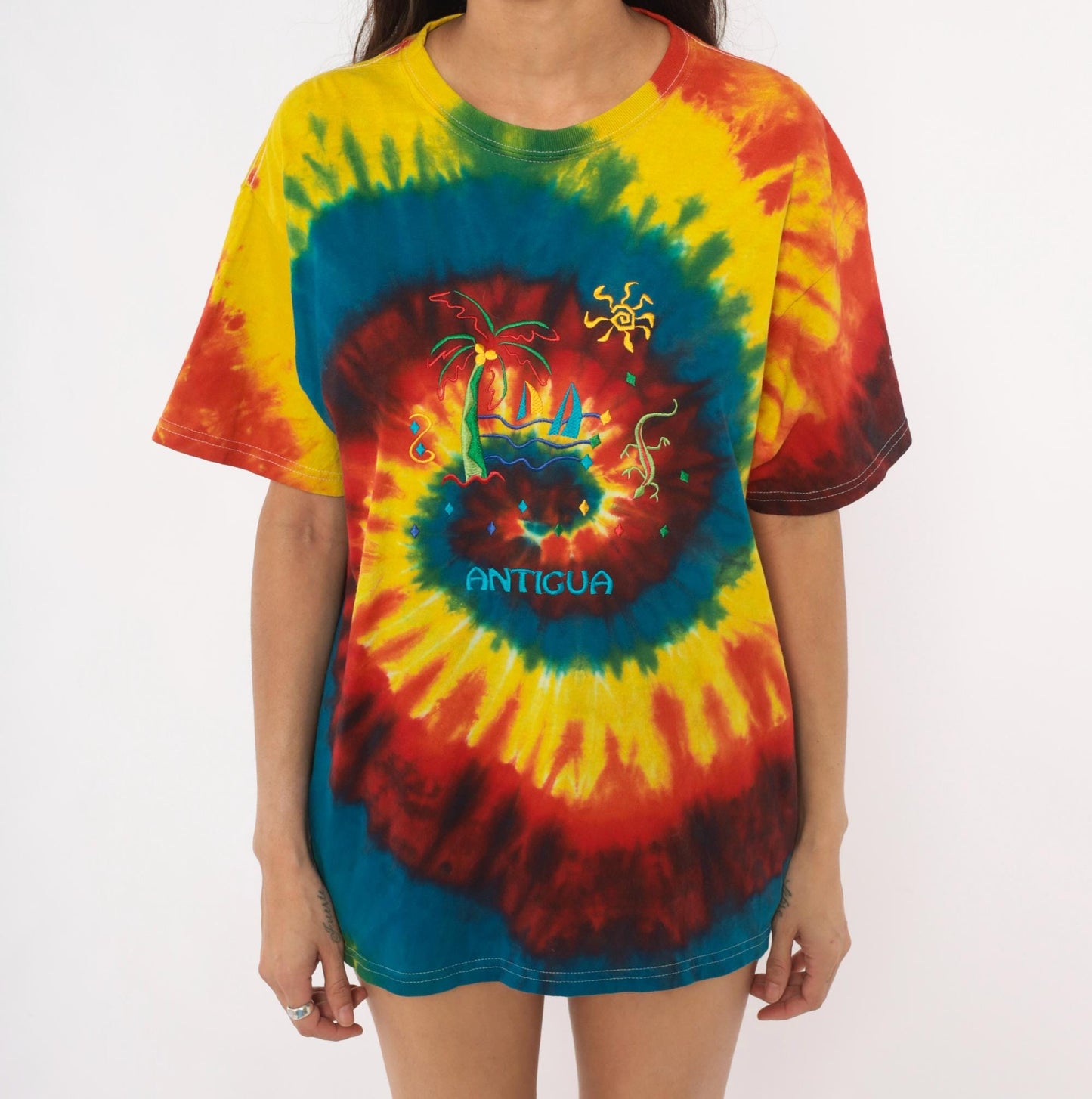 2000s Anvil Tie Dye Antigua Embroidered Tropical Tee Large L