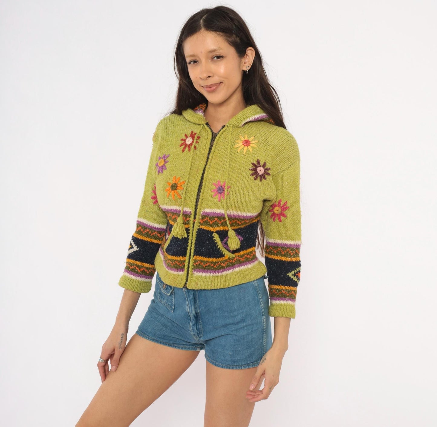 2000s Olive Wool Cropped Hooded Zip Sweater Embroidered Floral Knit XXS