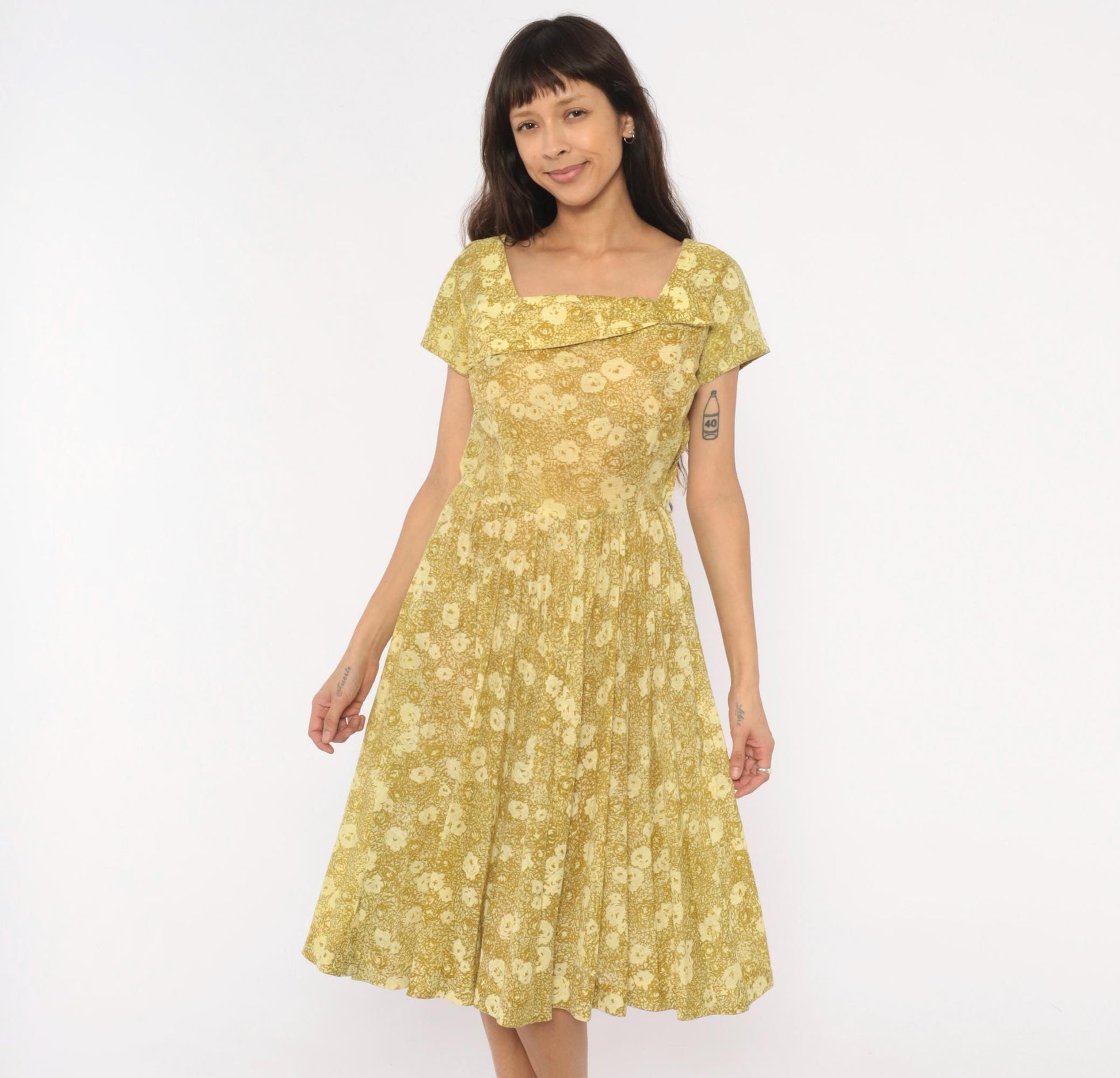 60s Annetta New York Floral Dress Square Neckline Pleated Full Skirt Medium