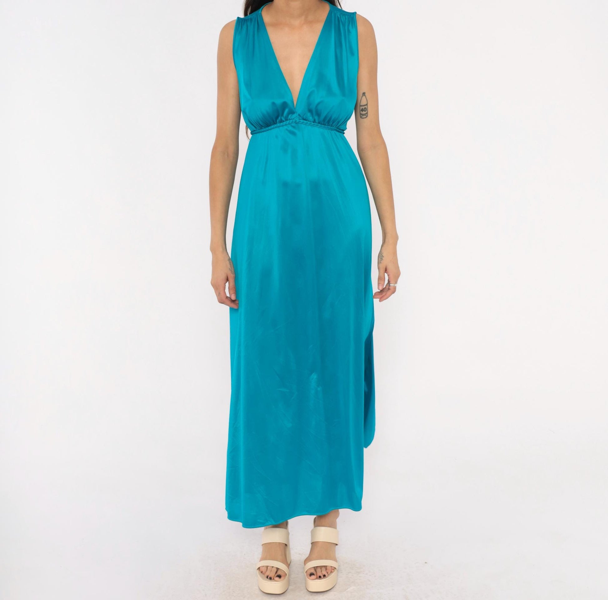 70s Teal Grecian Maxi Dress Deep V Neck Empire Waist Nylon Large L