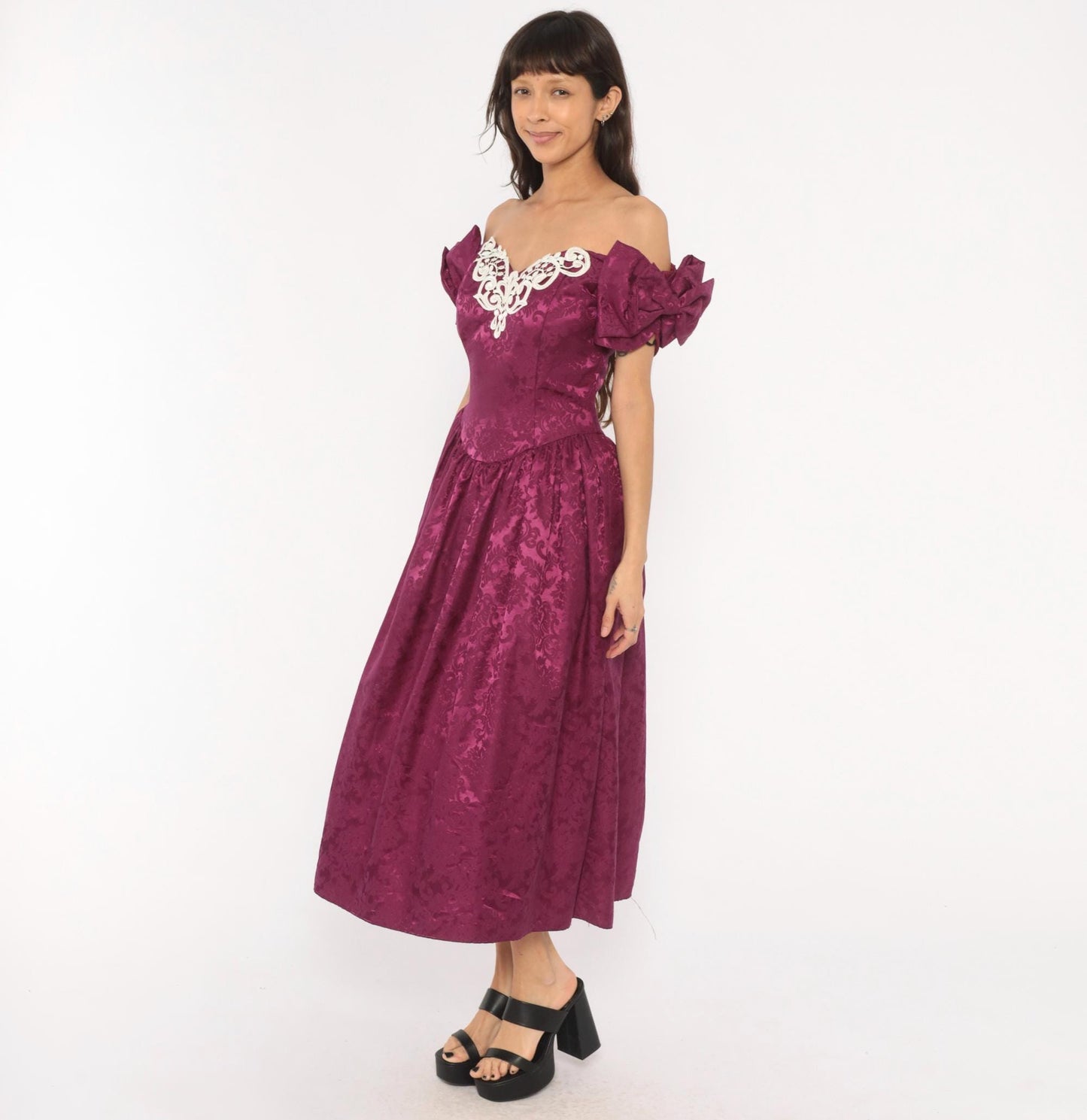 Jessica McClintock 80s Plum Brocade Puff Sleeve Gown Small