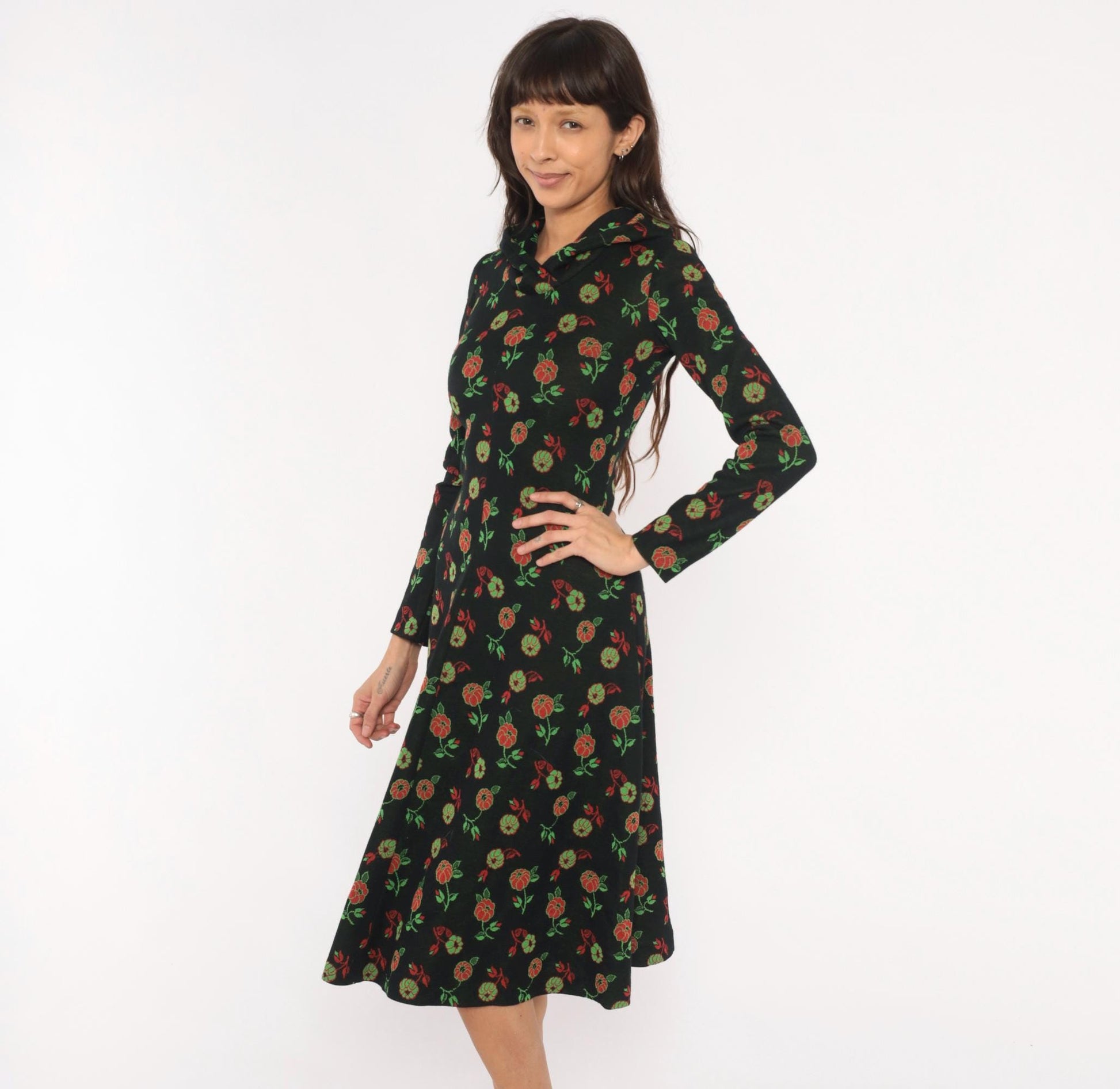 70s Black Hooded Midi Dress Red Rose Floral Print Long Sleeve Extra Small