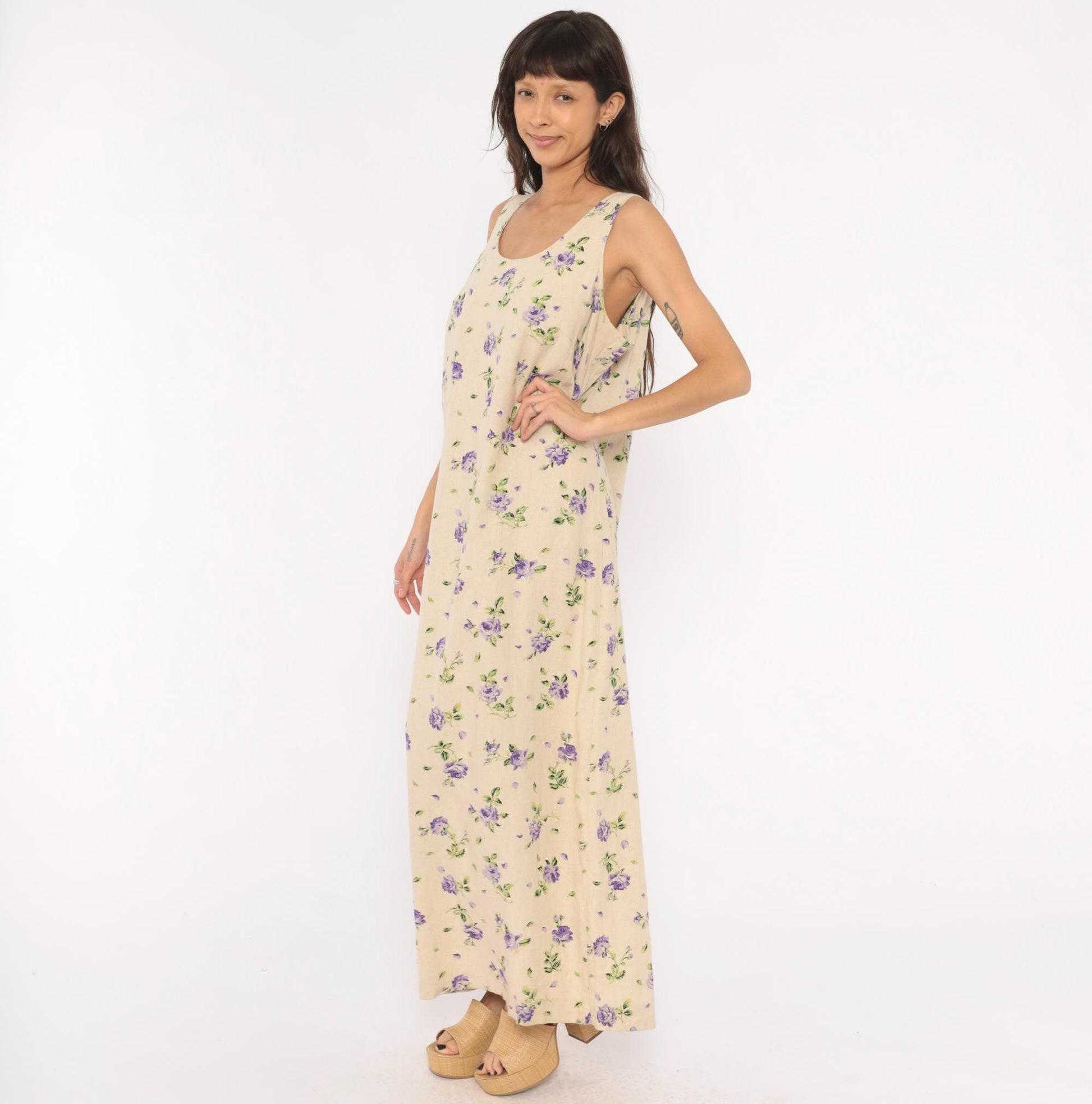 90s Liz Baker Floral Linen Maxi Dress Purple Rose Cream Tank Sleeveless Extra Large XXL