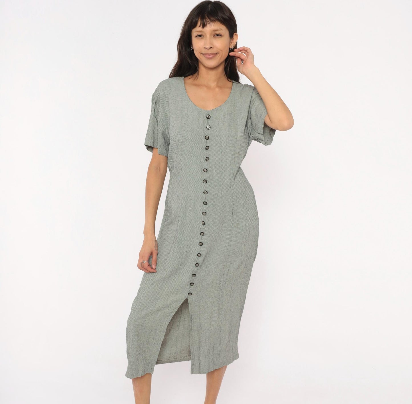 90s Miss Scarlett Houndstooth Midi Dress Button Front Scoop Neck Large L