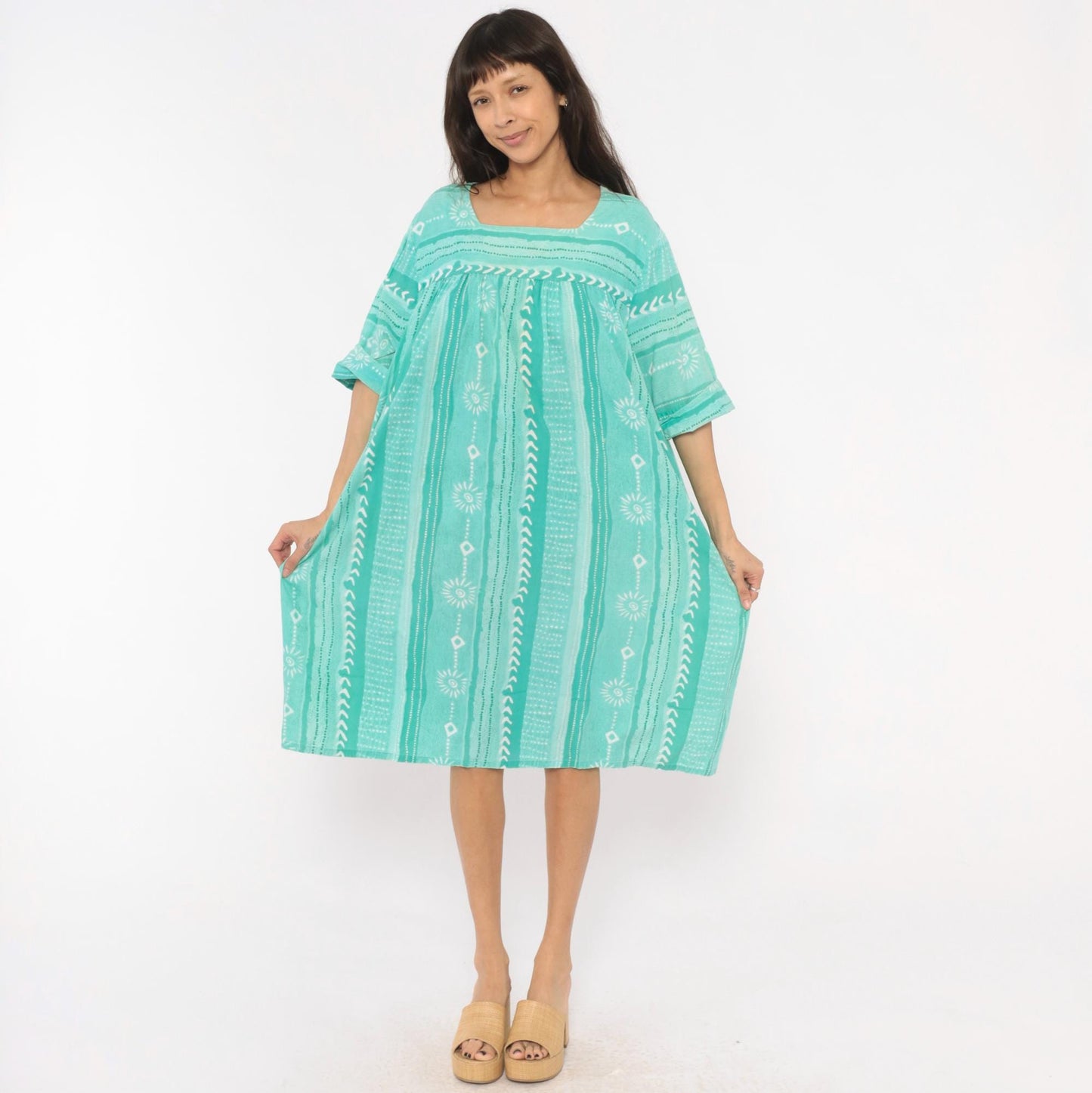 80s Styled By Saybury Teal Block Print Cotton Muumuu Midi Dress Plus Size 1X
