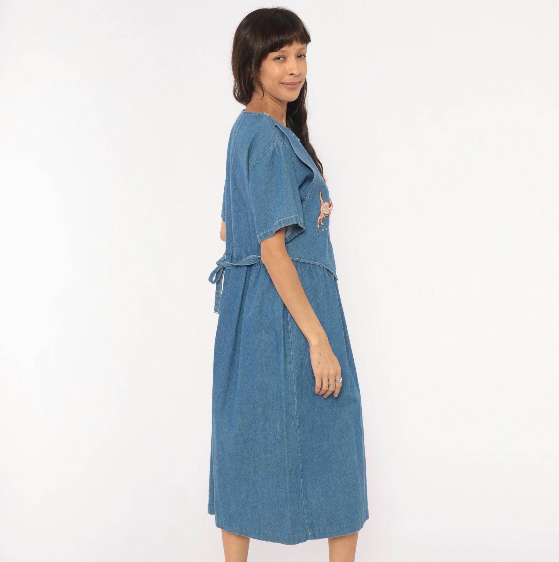 90s Miss & Mrs Cat Denim Midi Dress Patchwork Kitten Window V-Neck Cotton Large L