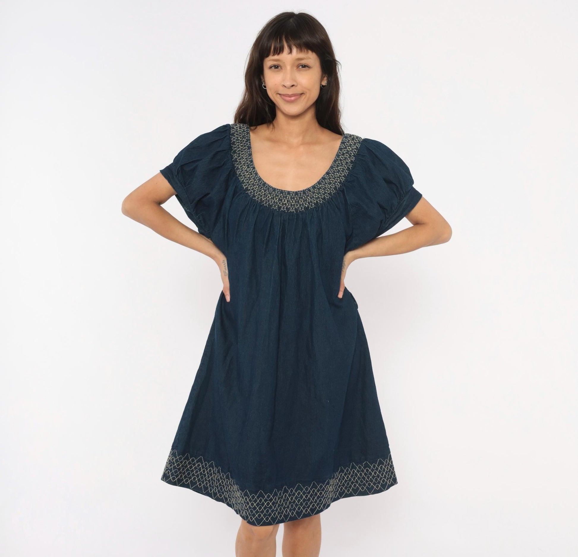 90s Roommates California Navy Denim Mini Dress Puff Sleeve Embroidered Plus Size 3X