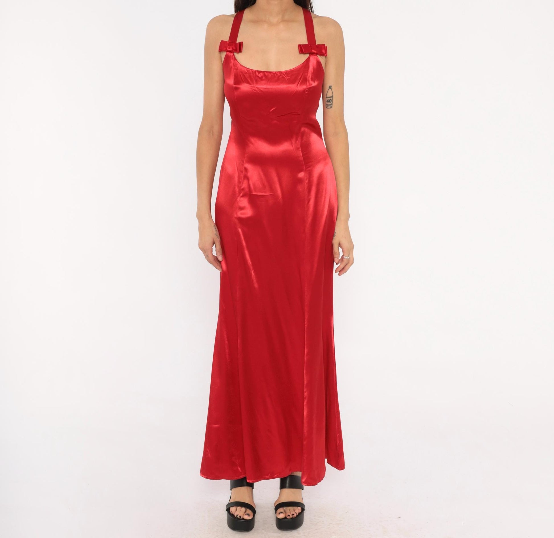 90s Be Smart Red Satin Maxi Slip Dress Bow Strap Crossback Small S
