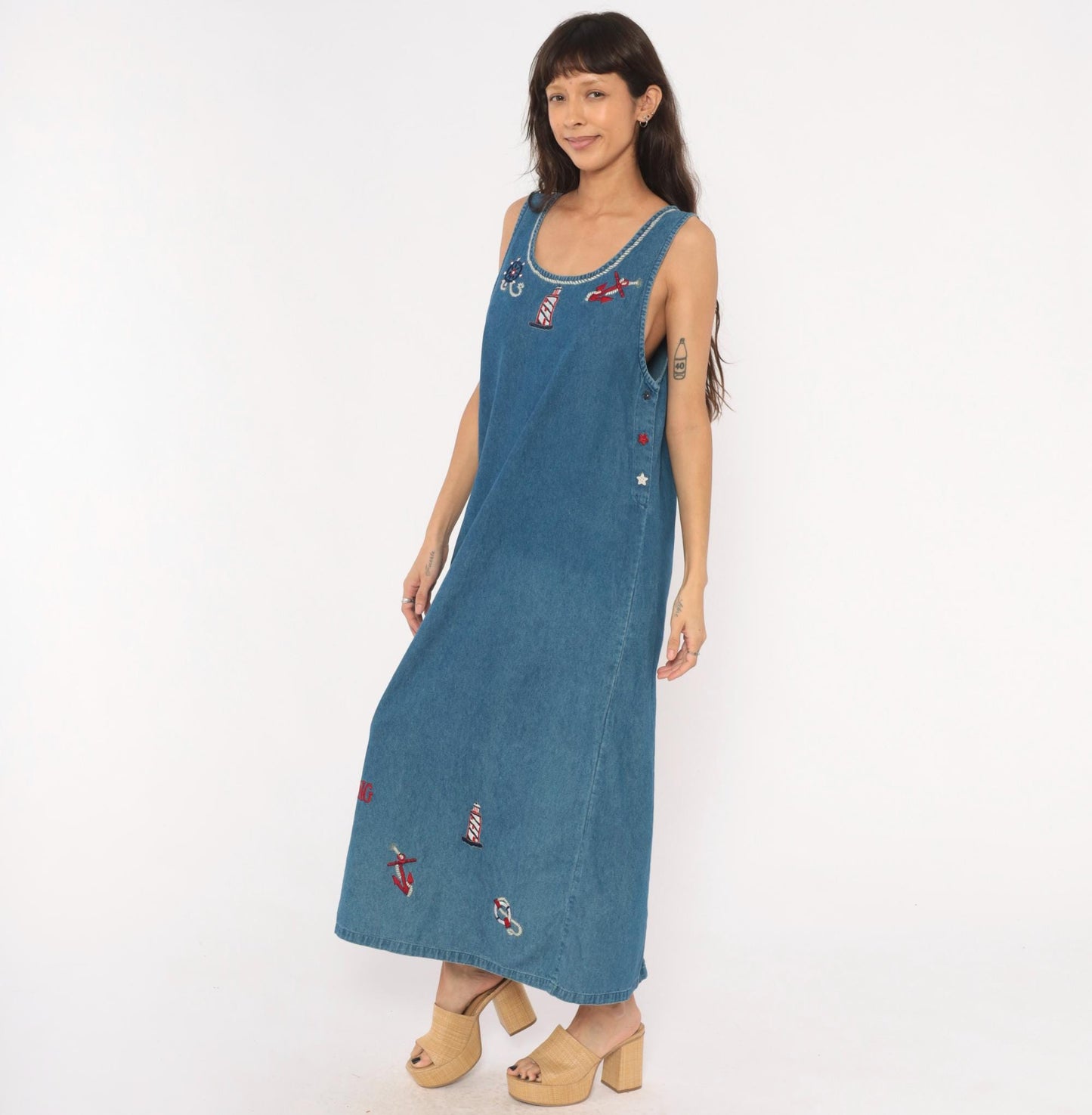 90s Keren Hart Nautical Denim Maxi Dress Embroidered Lighthouse Anchor Medium M