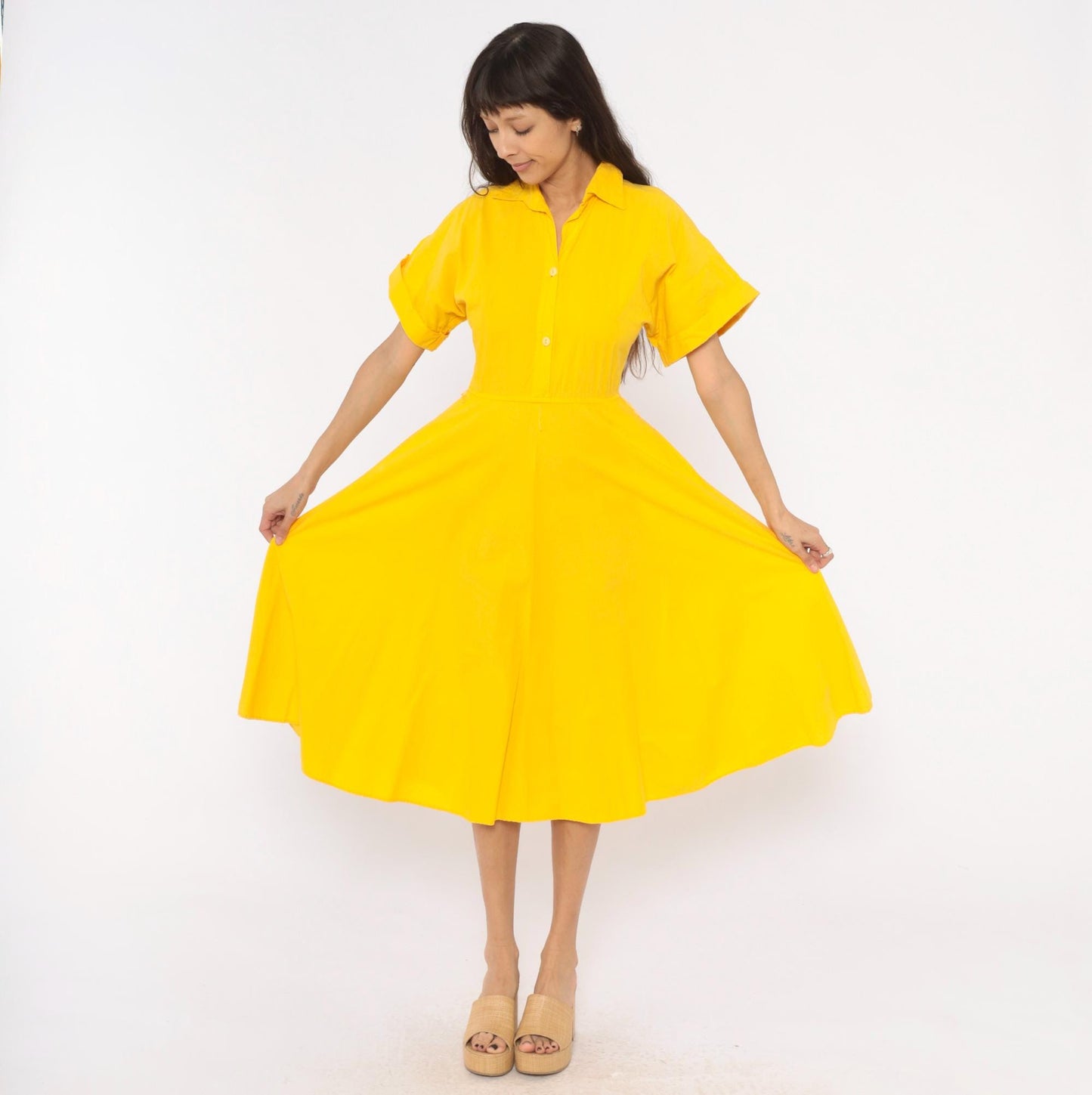 80s Laine Yellow Cotton Shirtdress Midi Collar Pockets Extra Small XS