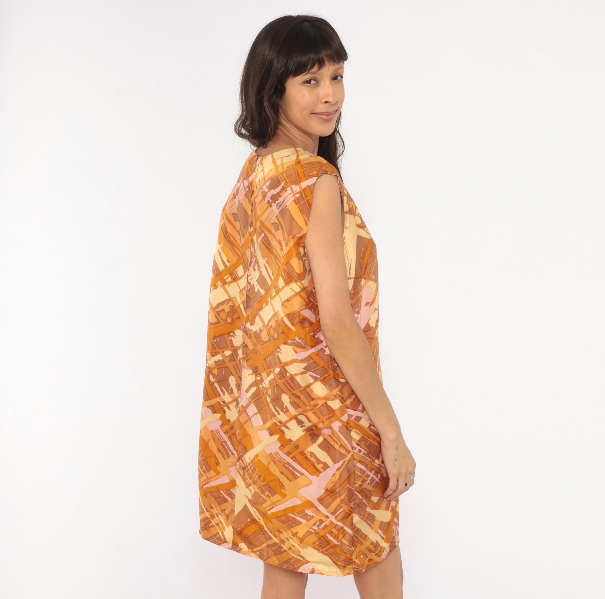60s Mod Abstract Brushstroke Shift Dress Sleeveless Knee-Length Orange Brown Large L