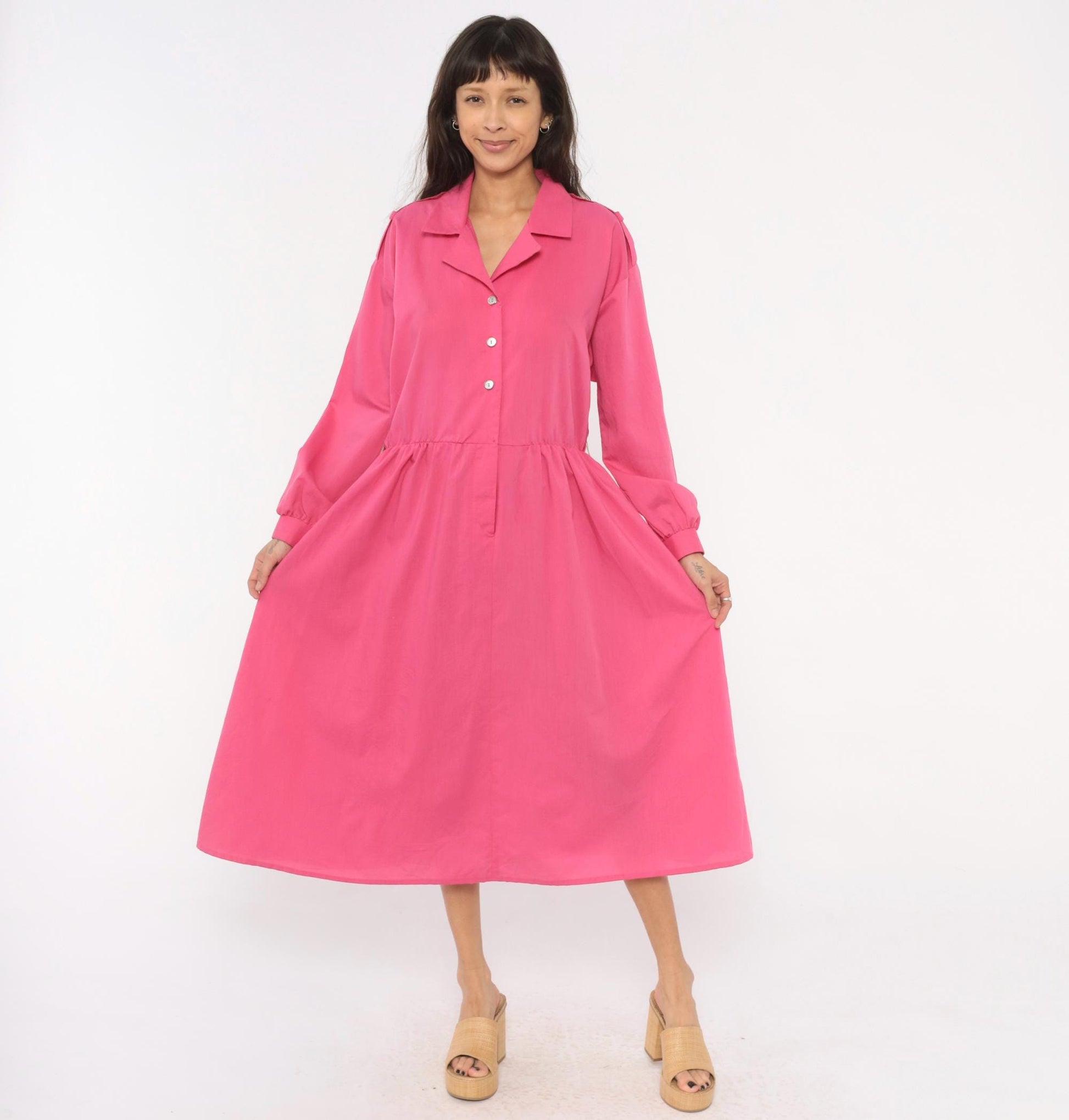 80s Hot Pink Shirtdress Midi Gathered Waist Balloon Sleeve Epaulette Large L