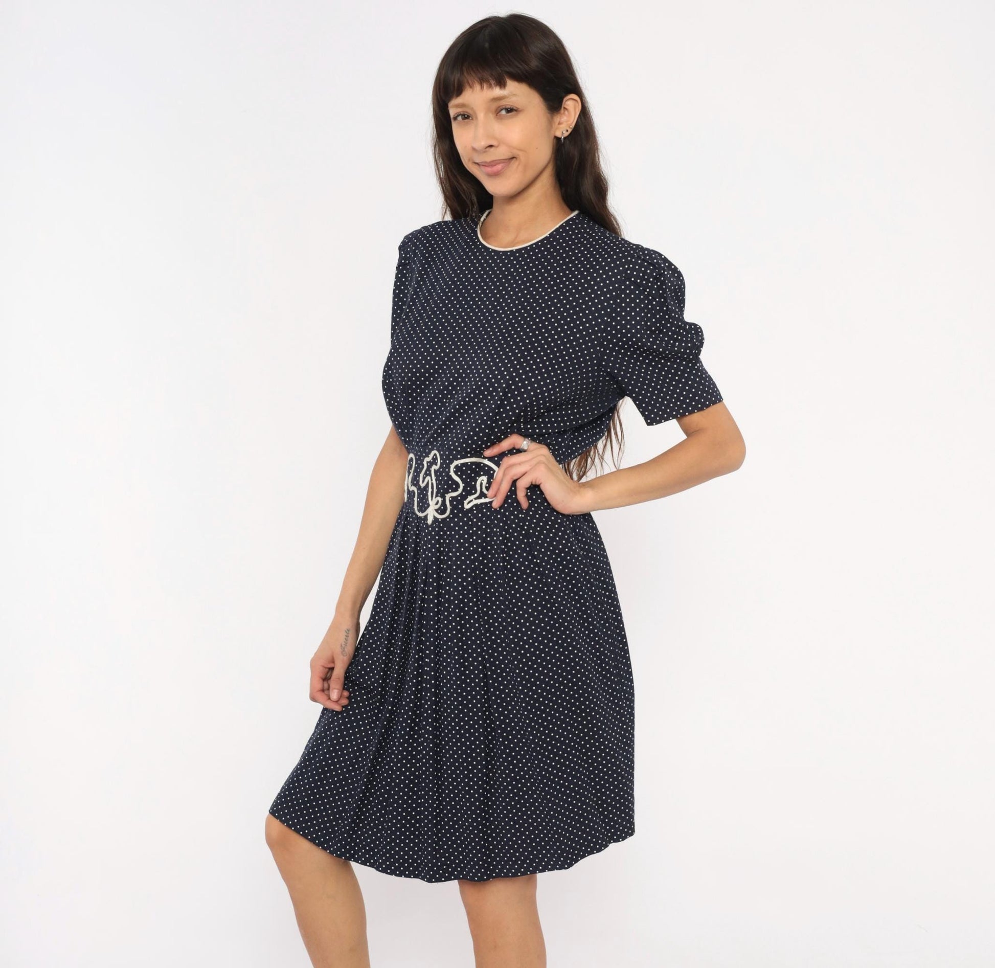 80s Miss Dorby Navy Polka Dot Dress Puff Sleeve Soutache Braid Waist Large L
