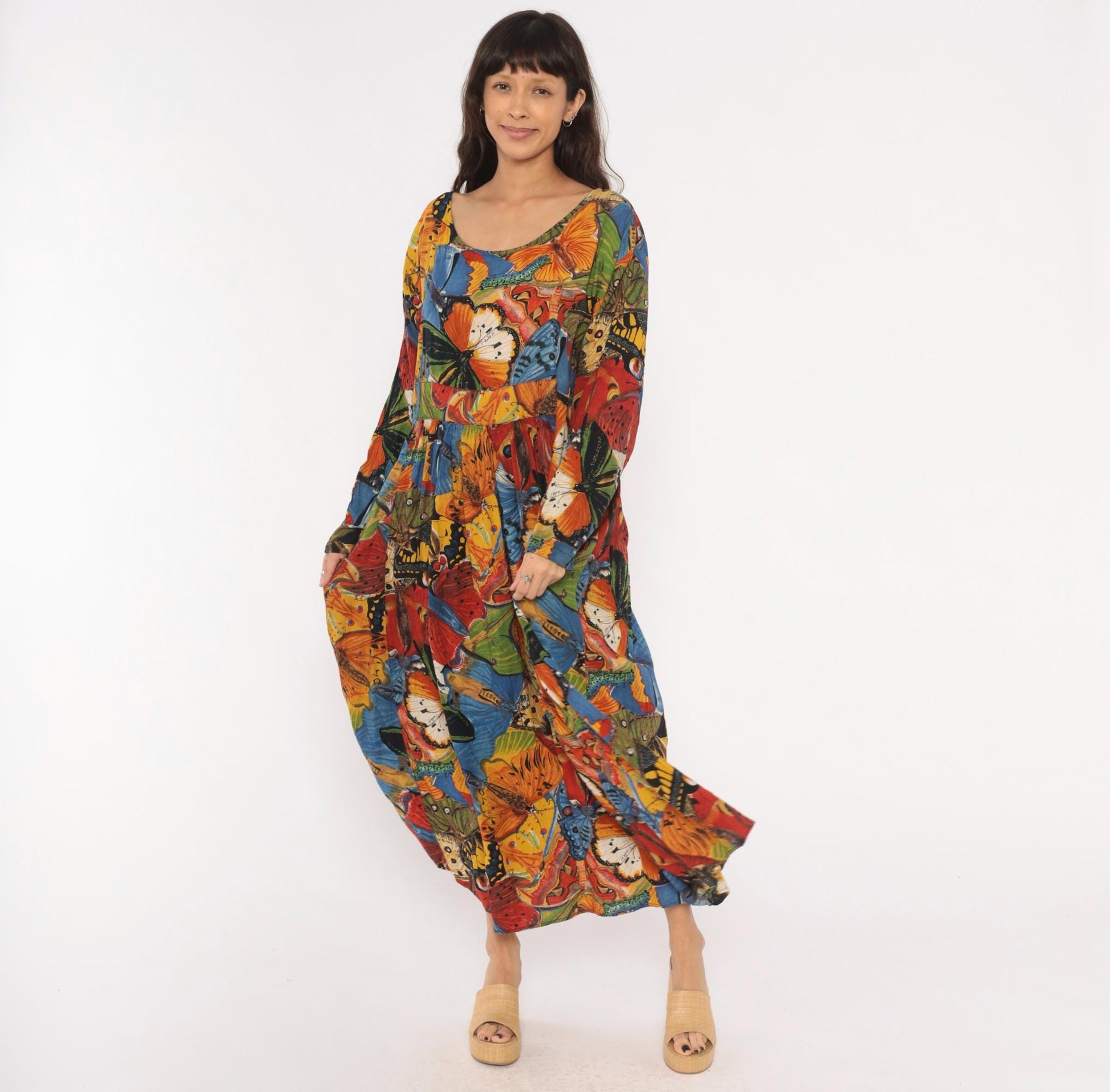 90s We Bebop Butterfly Maxi Dress Empire Waist Long Sleeve Multicolor Extra Large XXL