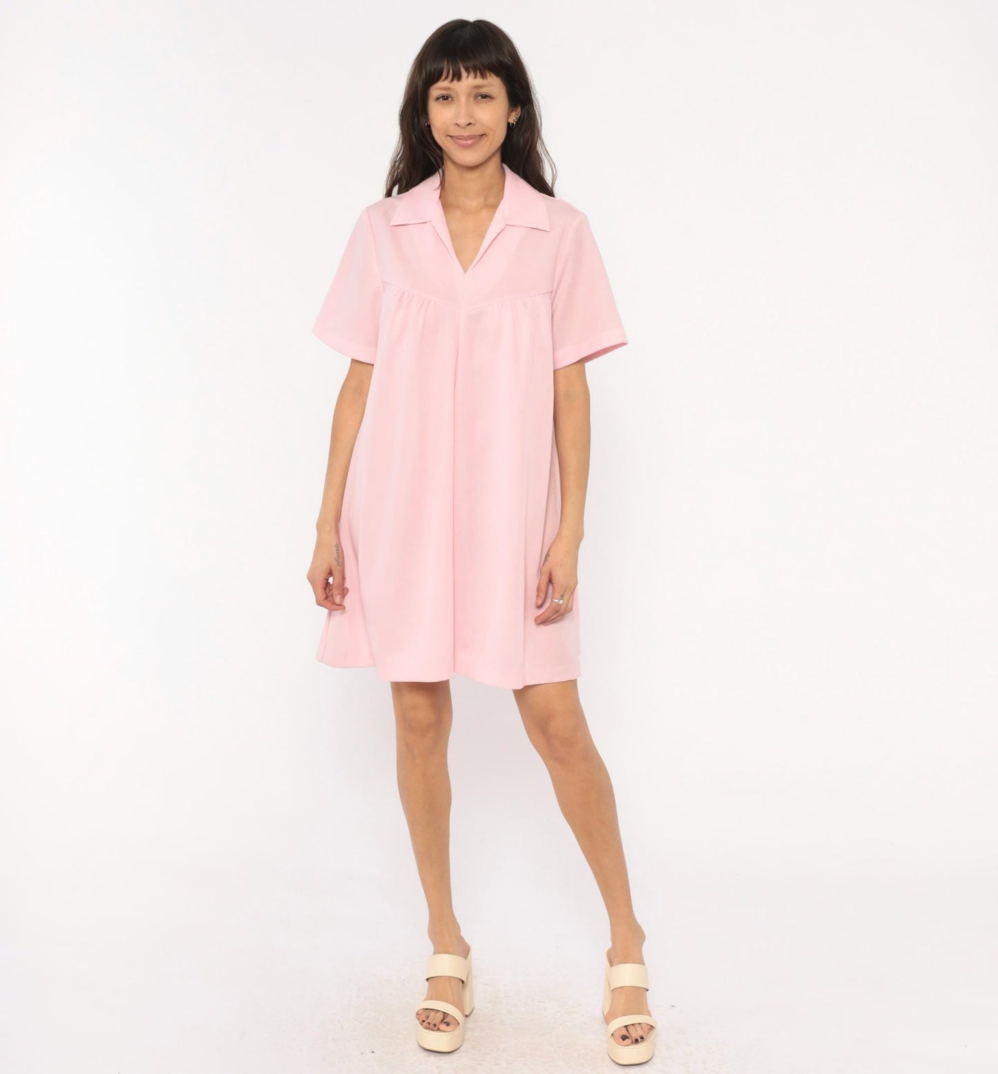 70s Baby Pink Babydoll Dress V Neck Gathered Bust A Line Knee Length Extra Large