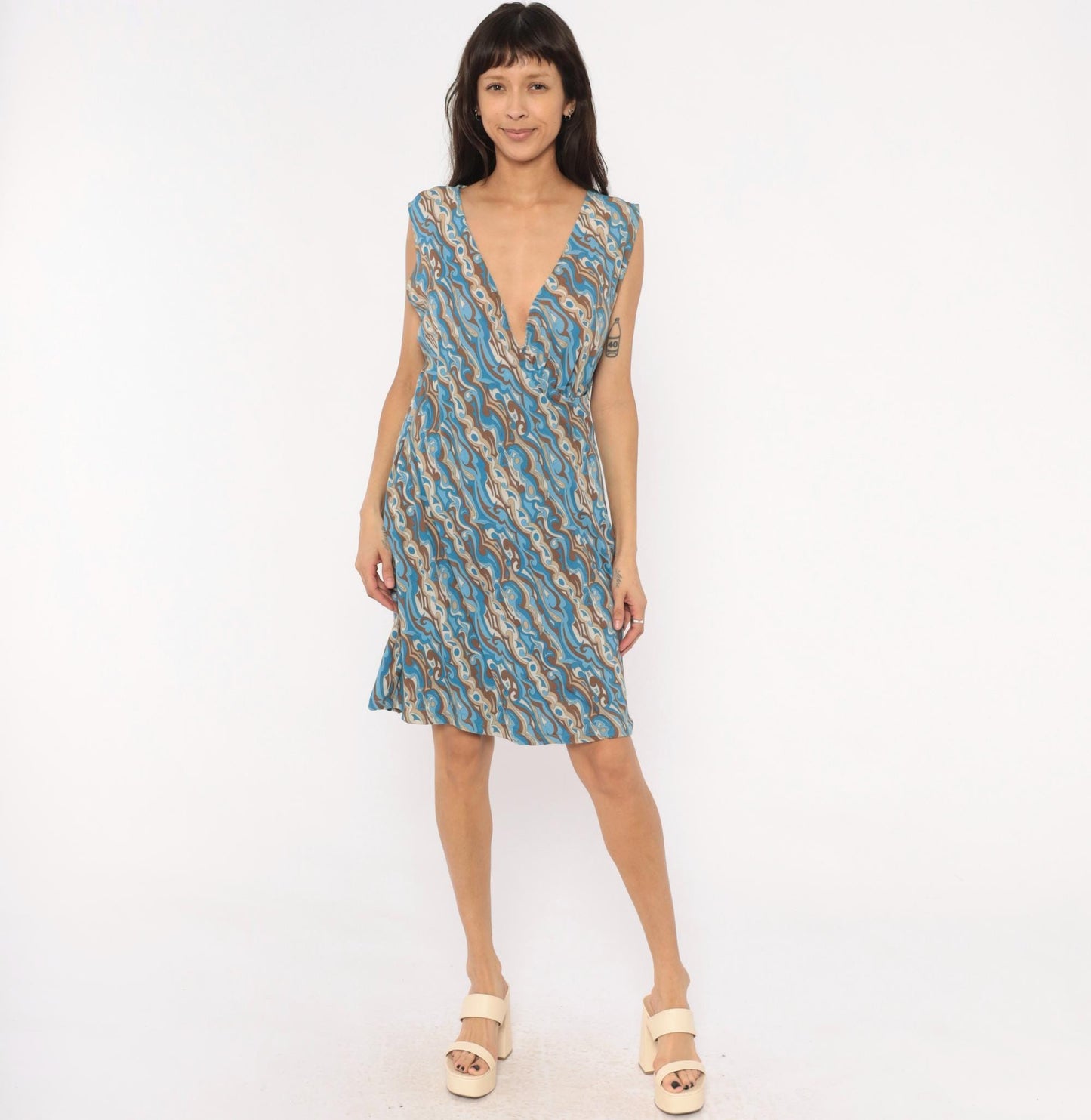 2000s Abstract Swirl Shift Dress V Neck Knee Length Blue Brown Tan Extra Large