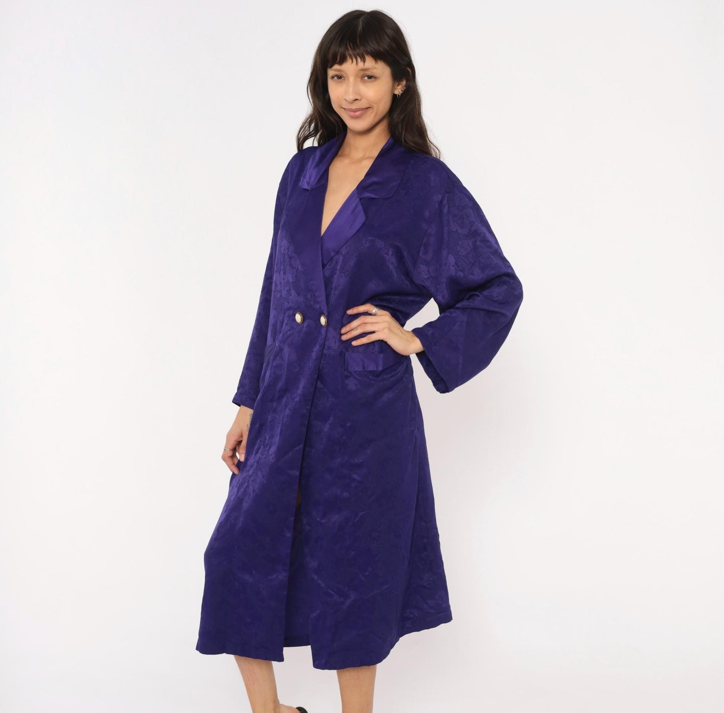 90s Victoria's Secret Purple Jacquard Midi Robe Double Breasted Satin Lapel Small