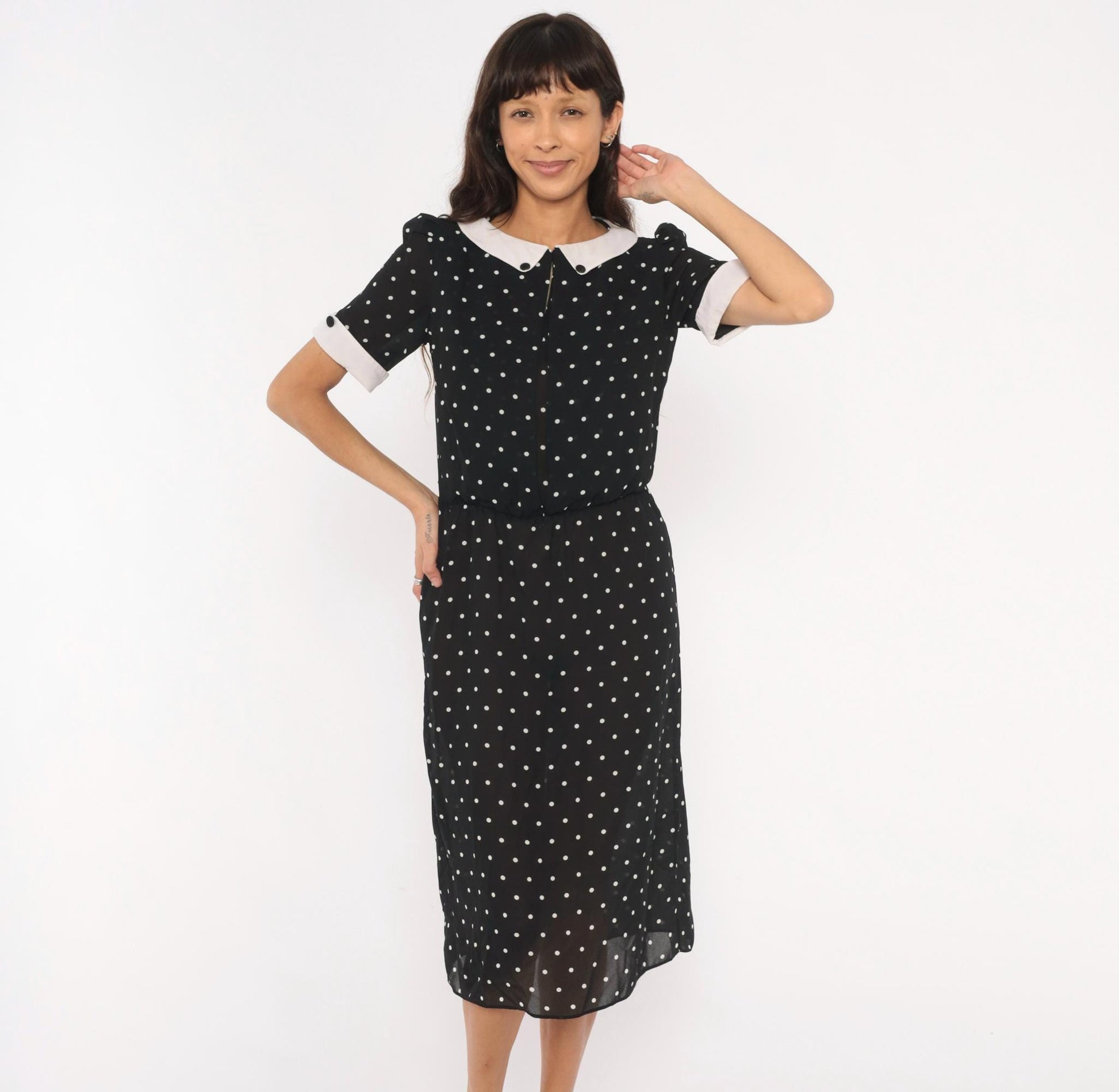 90s Farouche Black White Polka Dot Midi Dress Peter Pan Collar Small