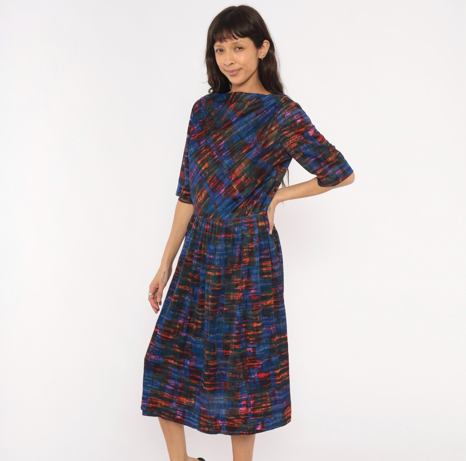 1960s L'Aiglon Cobalt Orange Plaid Dress Boat Neck Pleated Midi Large