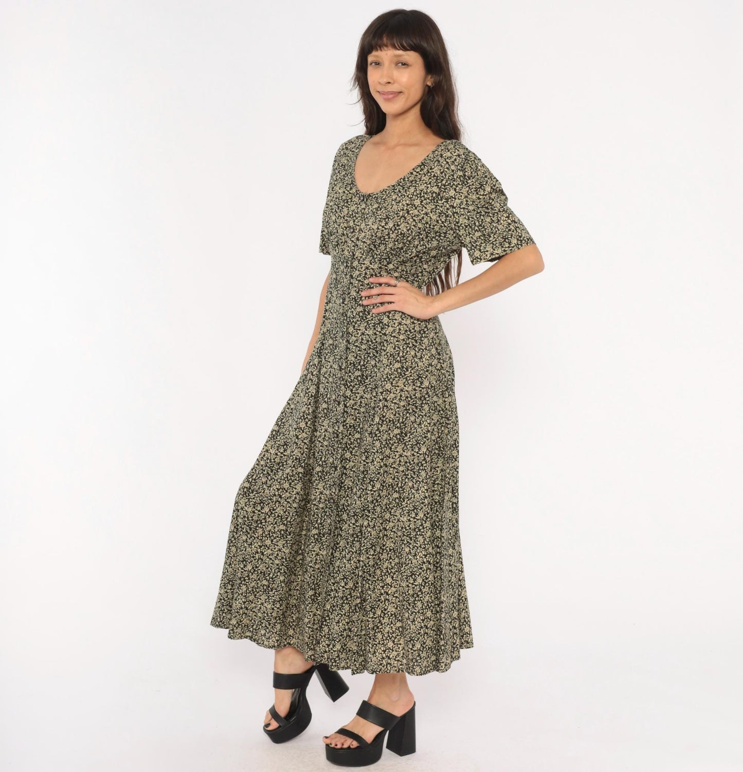 90s All That Jazz Floral Maxi Dress Black Cream Rose Button Front Medium