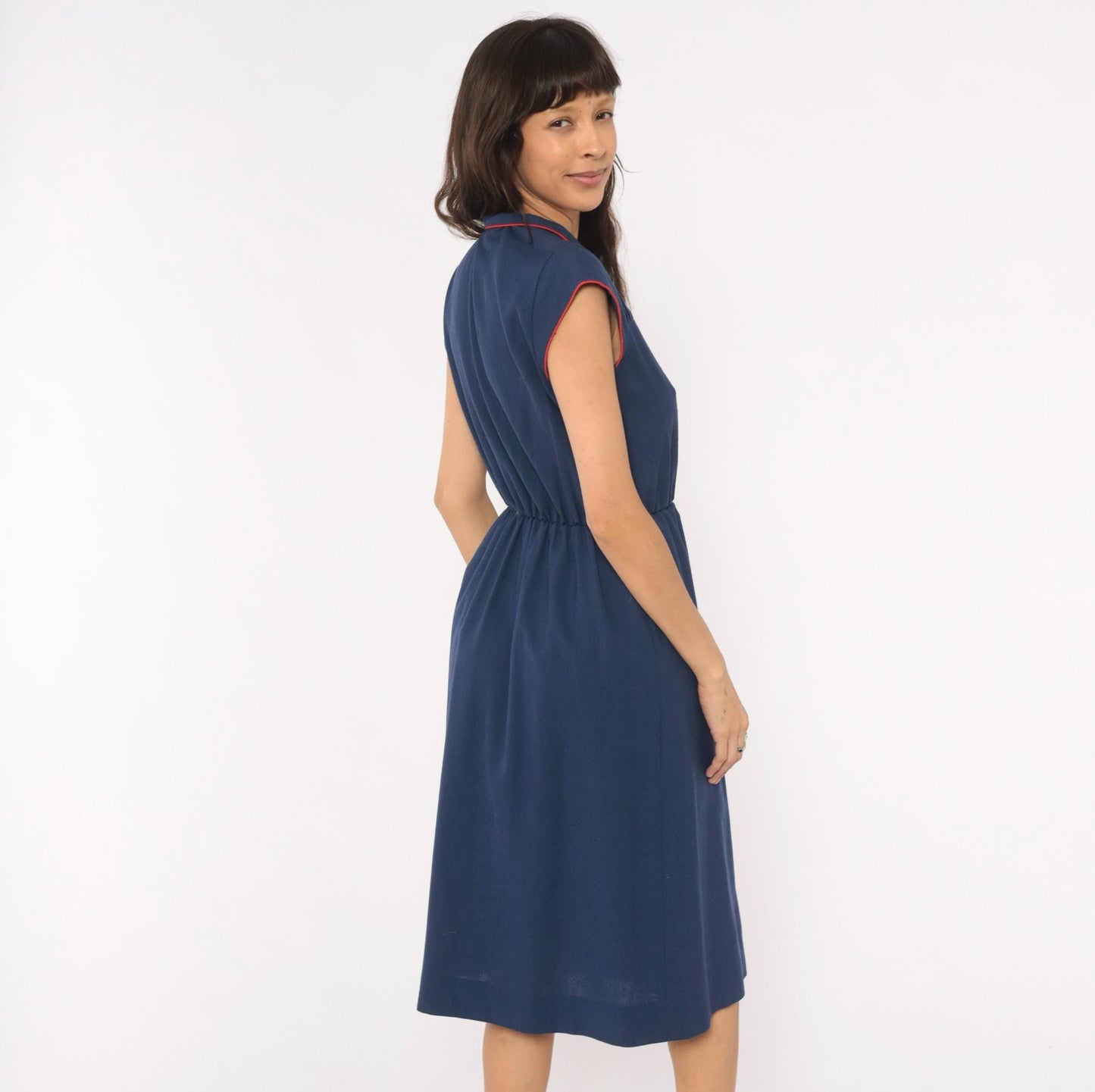 80s Leslie Fay Navy Pintuck Shirtdress Red Piping V-Neck Knee-Length Small Medium