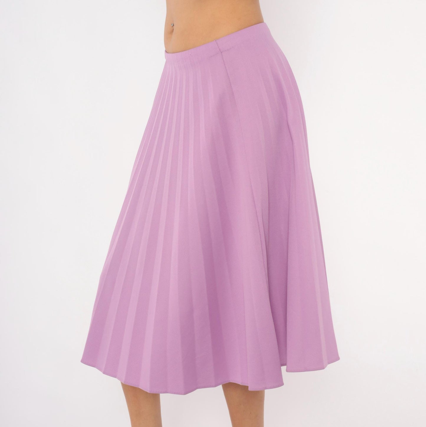 70s Lilac Pleated A-Line Skirt Purple Swing Elastic Waist Medium Large