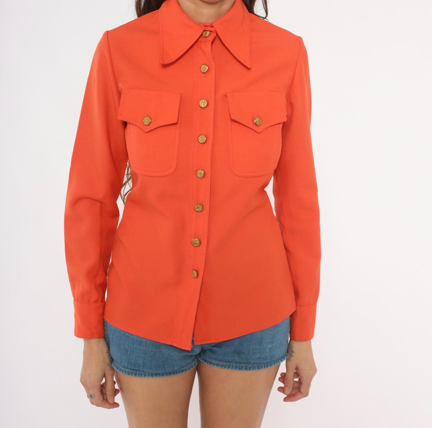 70s Ellen Tracy Orange Button-Up Blouse Gold Accents Western Yoke Small S