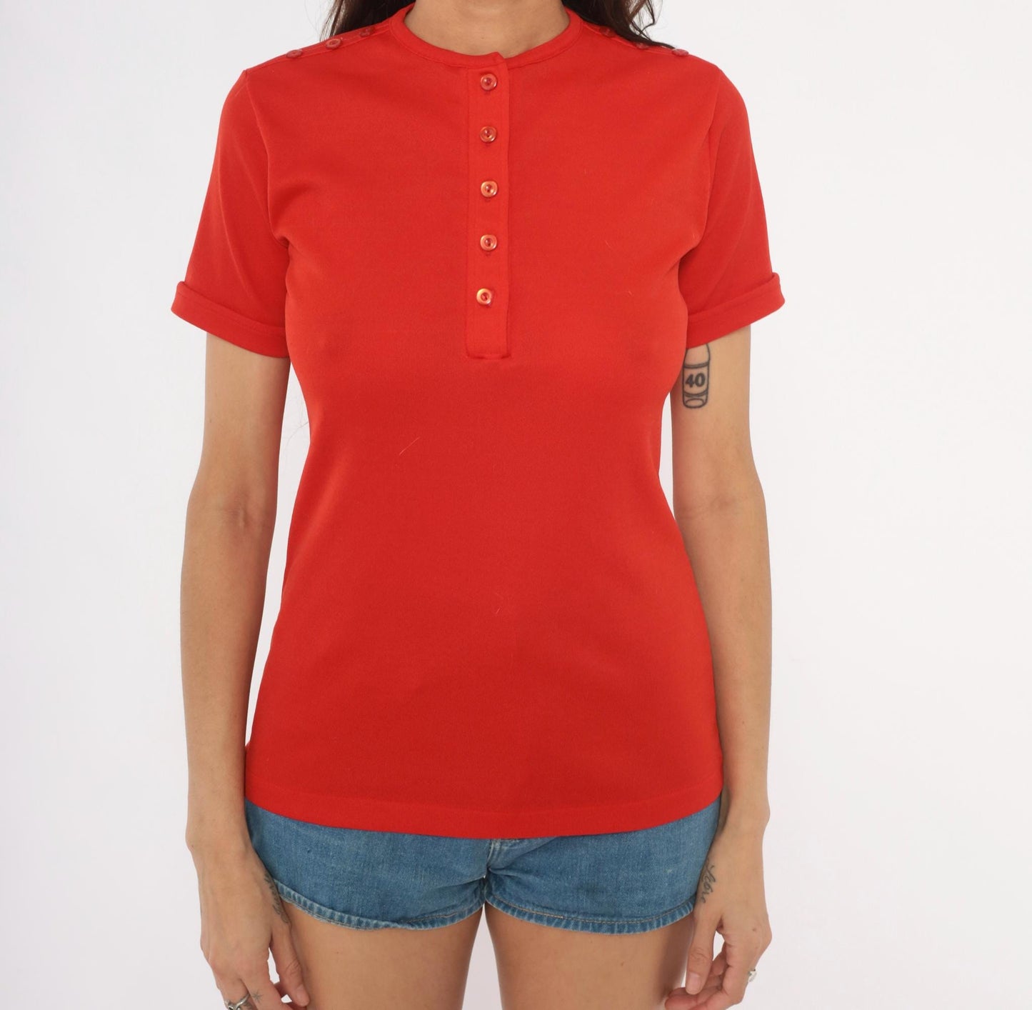 70s Red Henley Blouse Button Front Snap Shoulder Detail Fitted Small