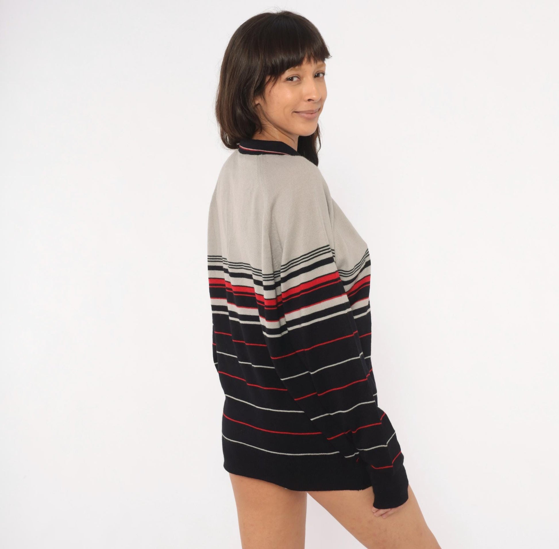80s Colin Lt Marx Striped Polo Sweater Black Grey Red Raglan Knit Large