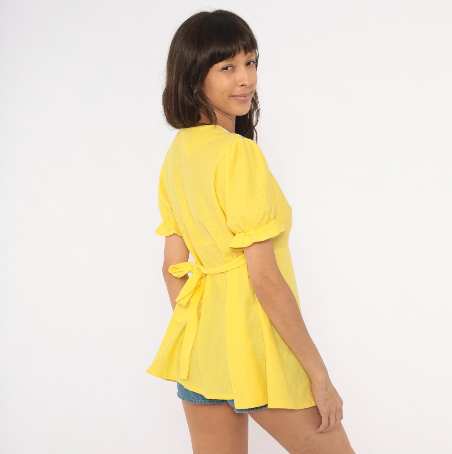 70s Yellow Babydoll Top Puff Sleeve Empire Waist Fruit Print Cotton Blouse Large