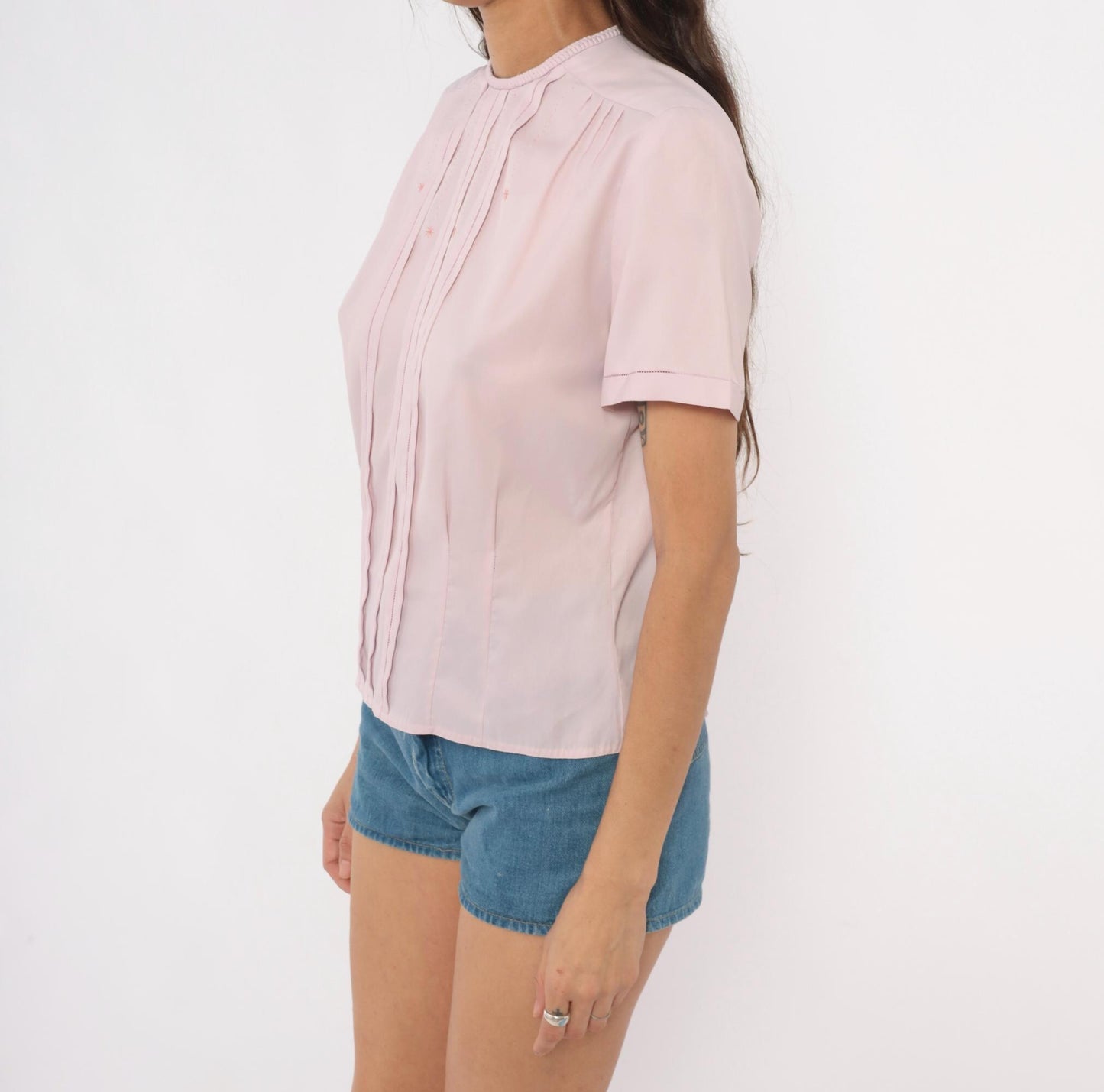70s Mode de Paris Blush Pintuck Blouse Embroidered Star Crew Neck Medium