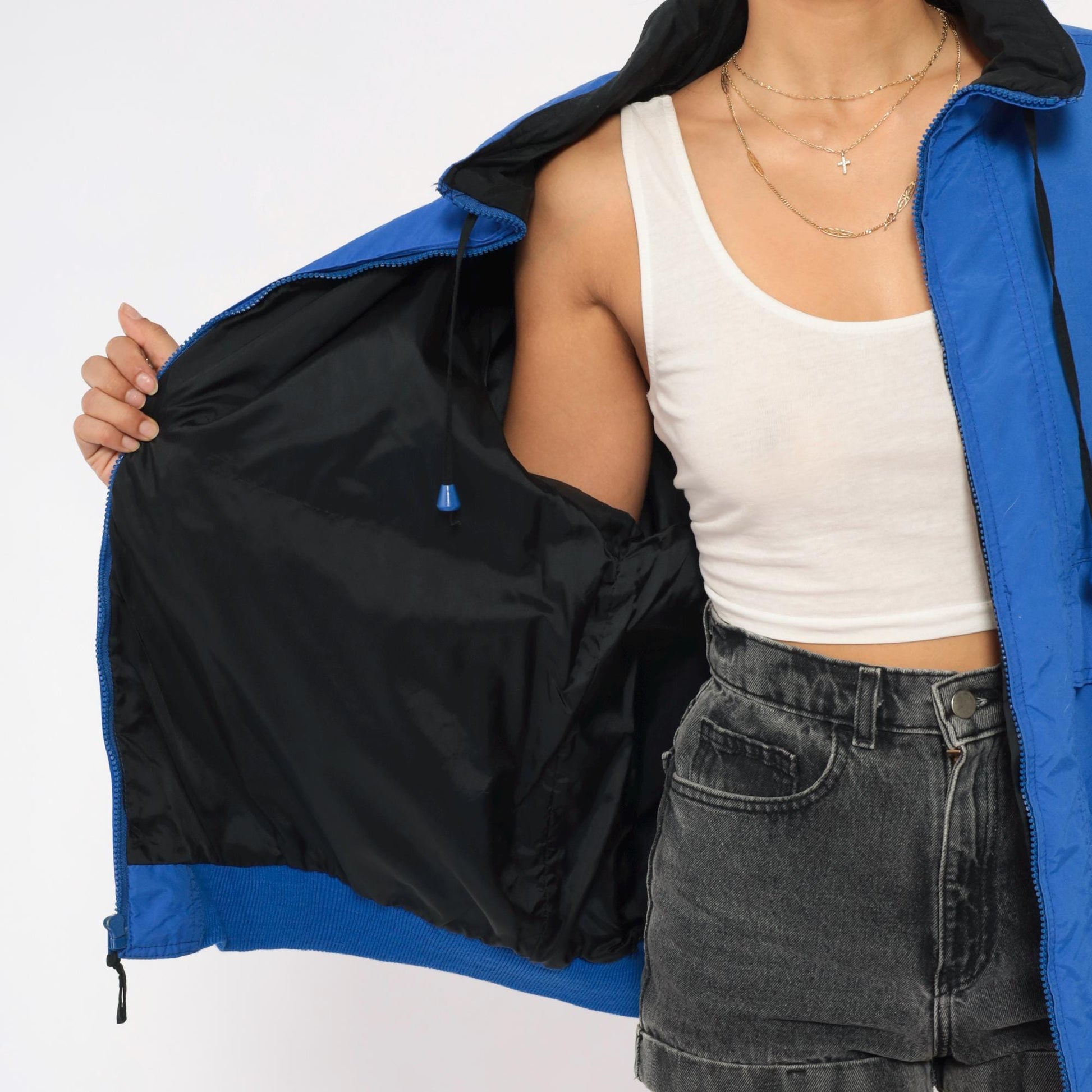90s North Crest Cobalt Windbreaker Jacket Nylon Zip Front High Collar Large L