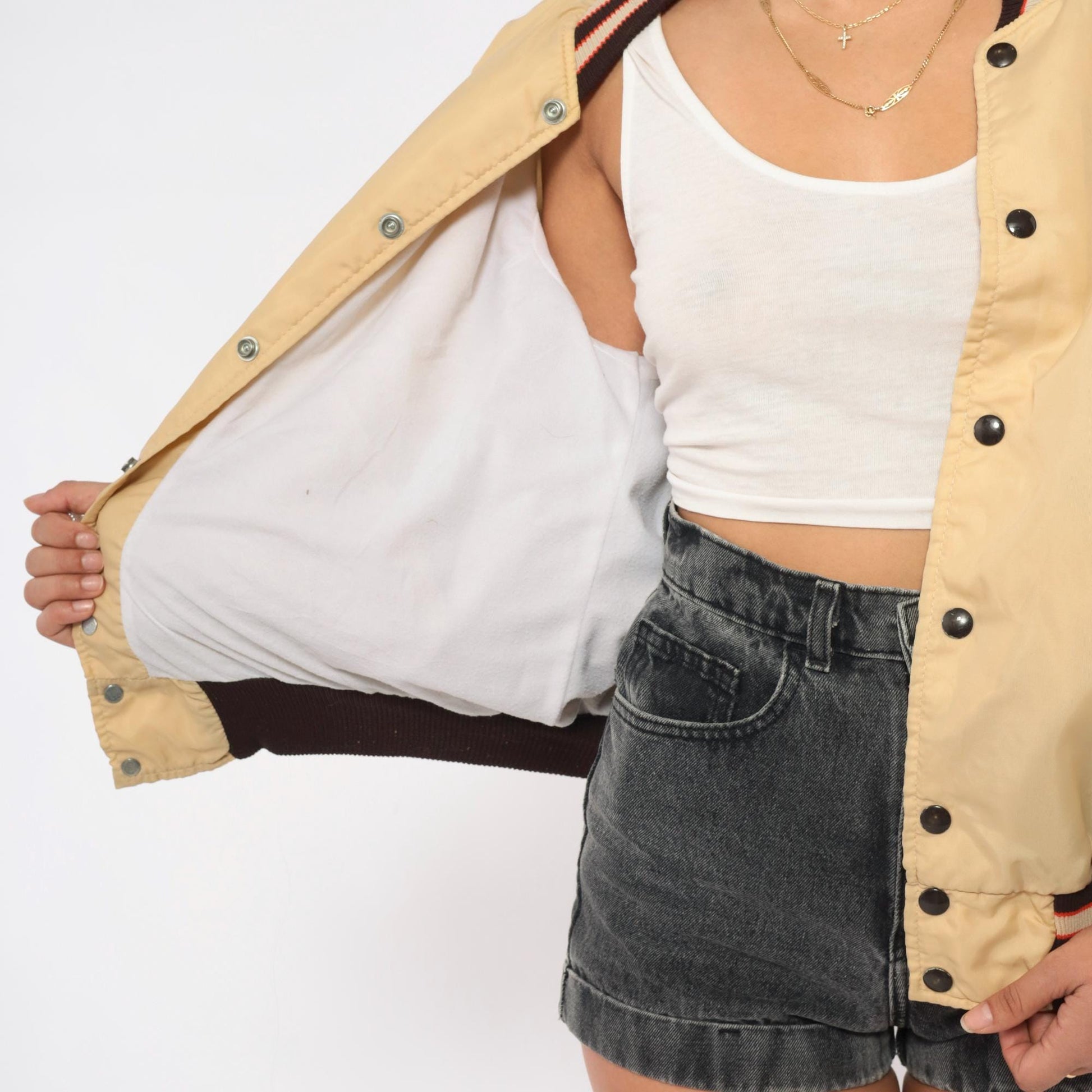 80s DeLong Sportswear Varsity Bomber Tan Brown Striped Nylon Windbreaker Extra Large XL
