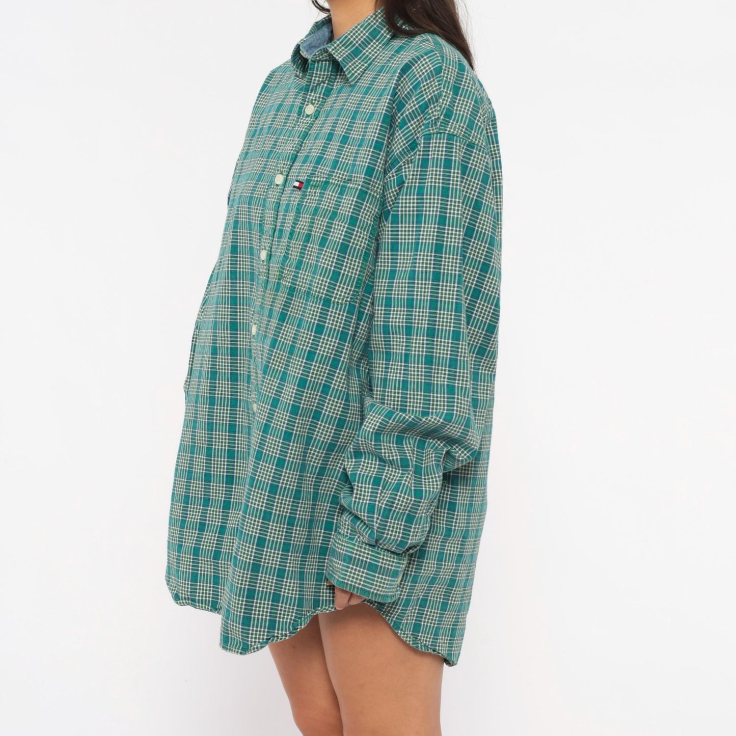 Y2K Tommy Jeans Plaid Flannel Shirt Teal Cotton Button-Up Extra Large