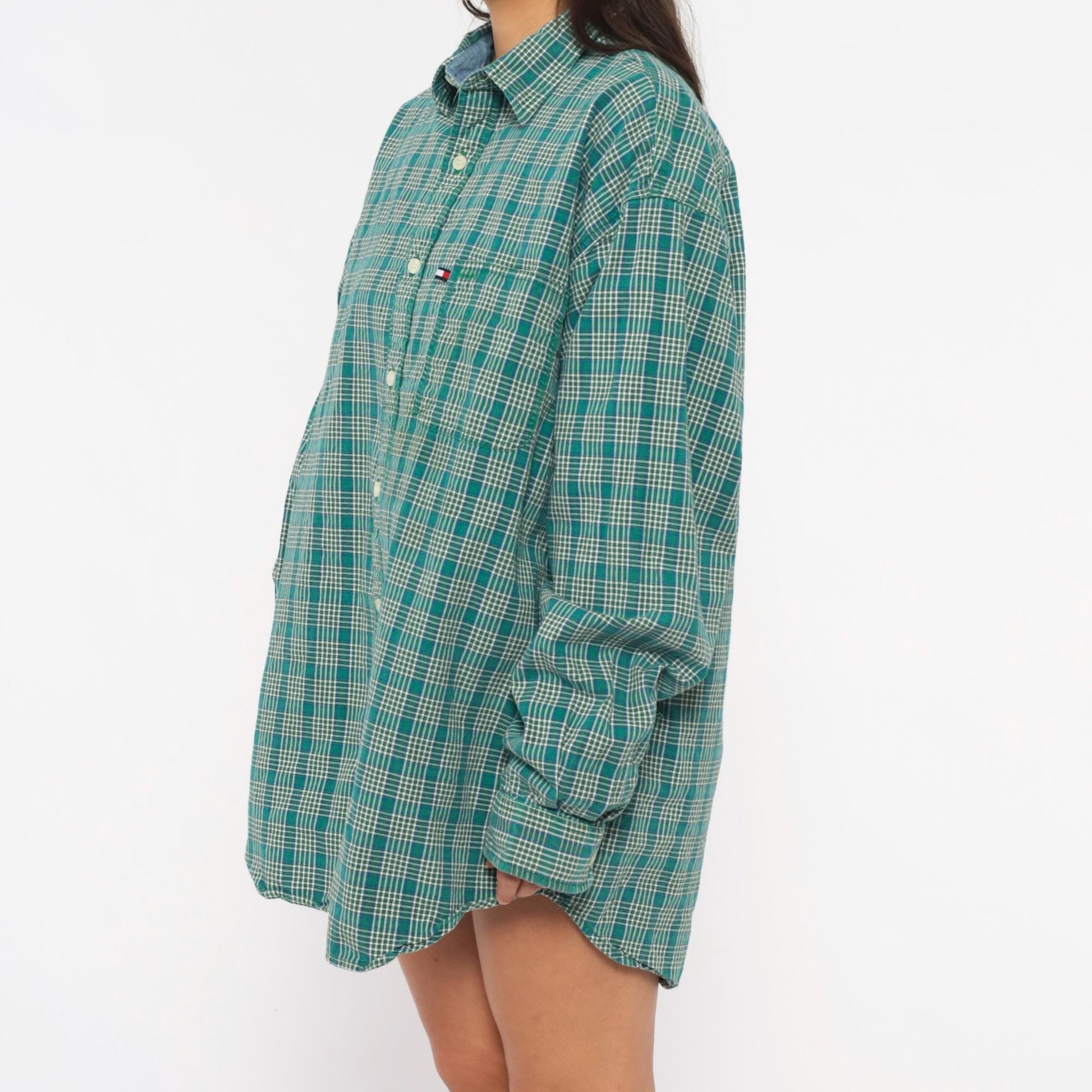 Y2K Tommy Jeans Plaid Flannel Shirt Teal Cotton Button-Up Extra Large