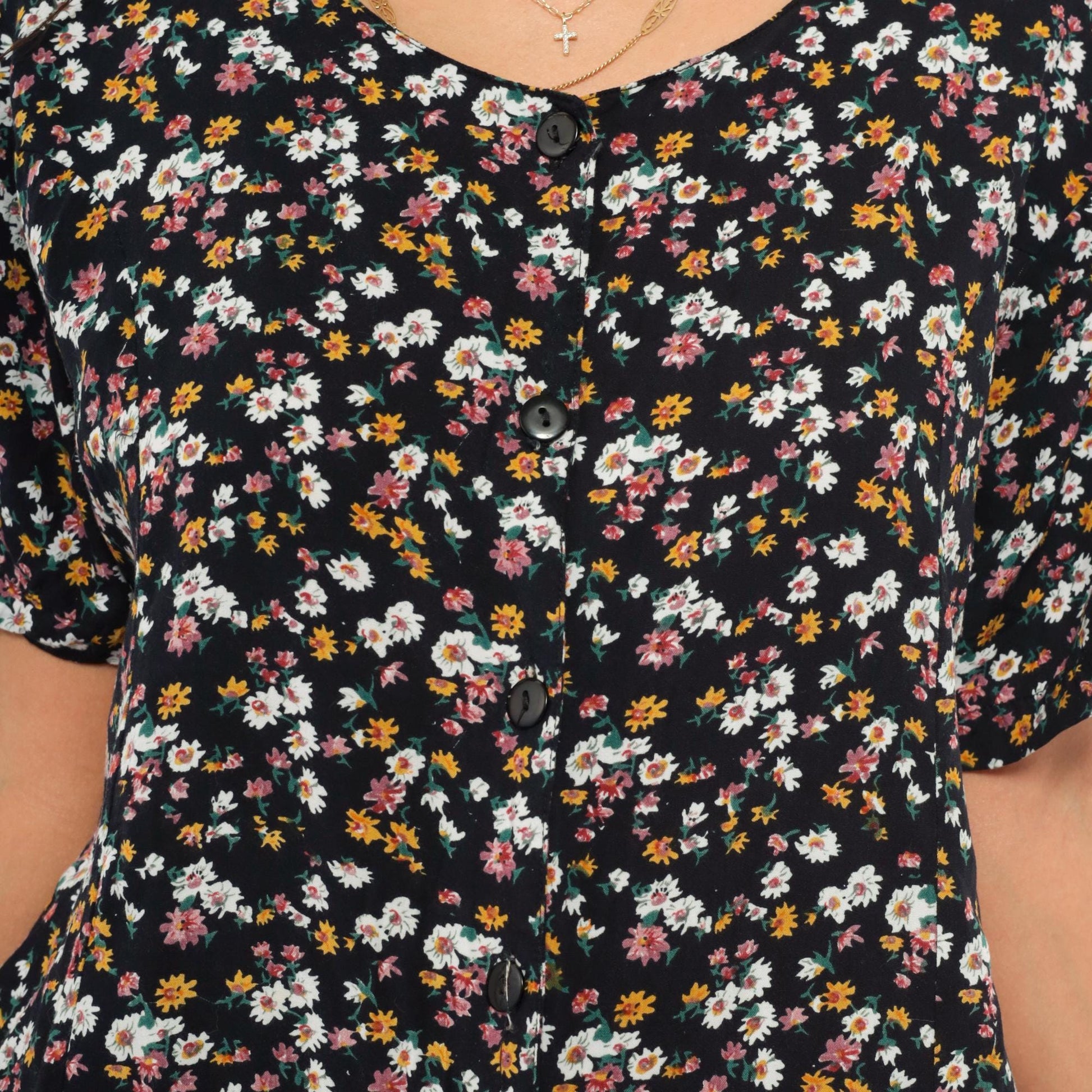 90s Center Aisle Black Floral Romper Daisy Print Rayon V-Neck Medium M