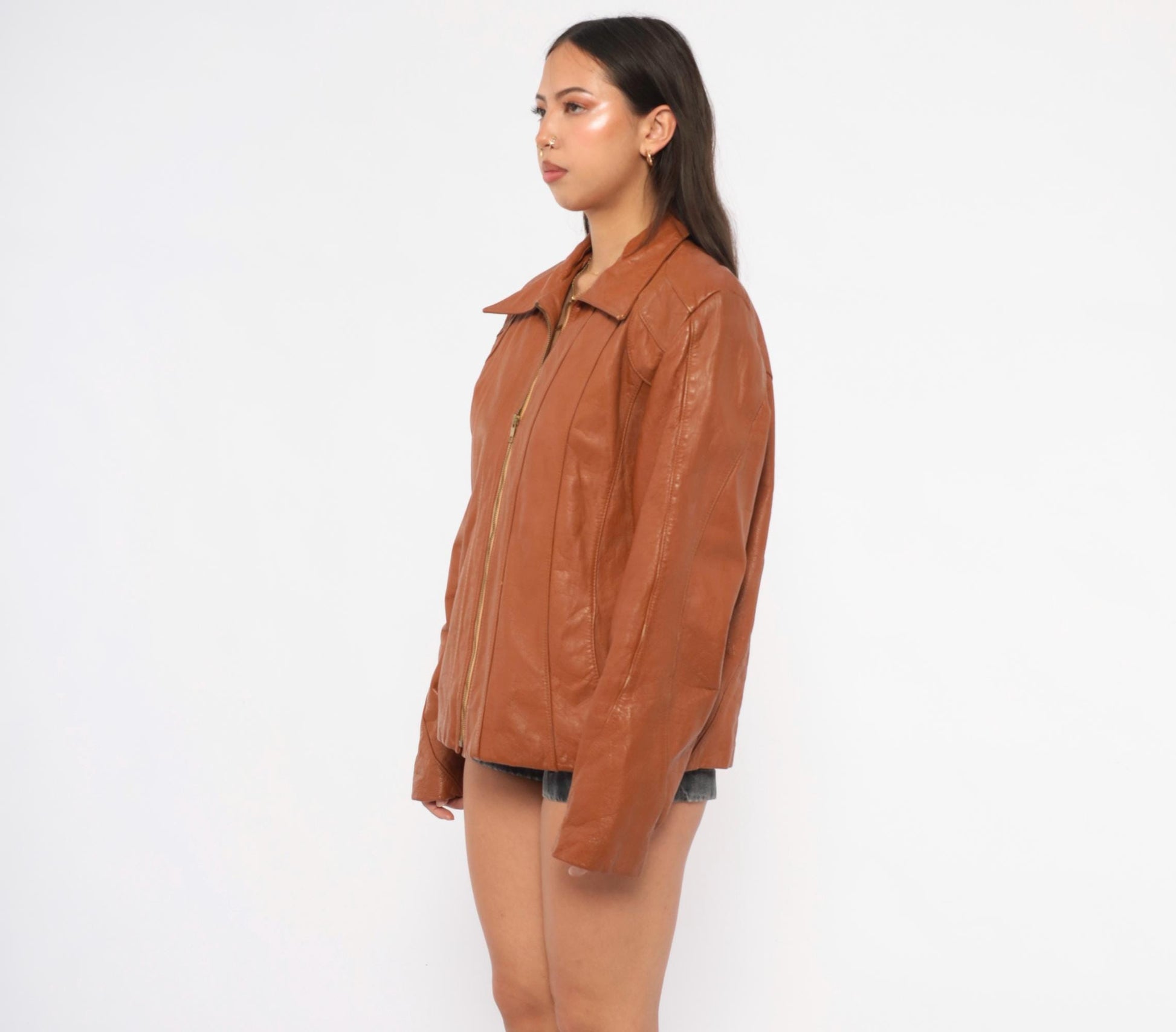 70s Ricaro Cognac Leather Jacket Western Scalloped Yoke Zip Bomber Extra Large XL