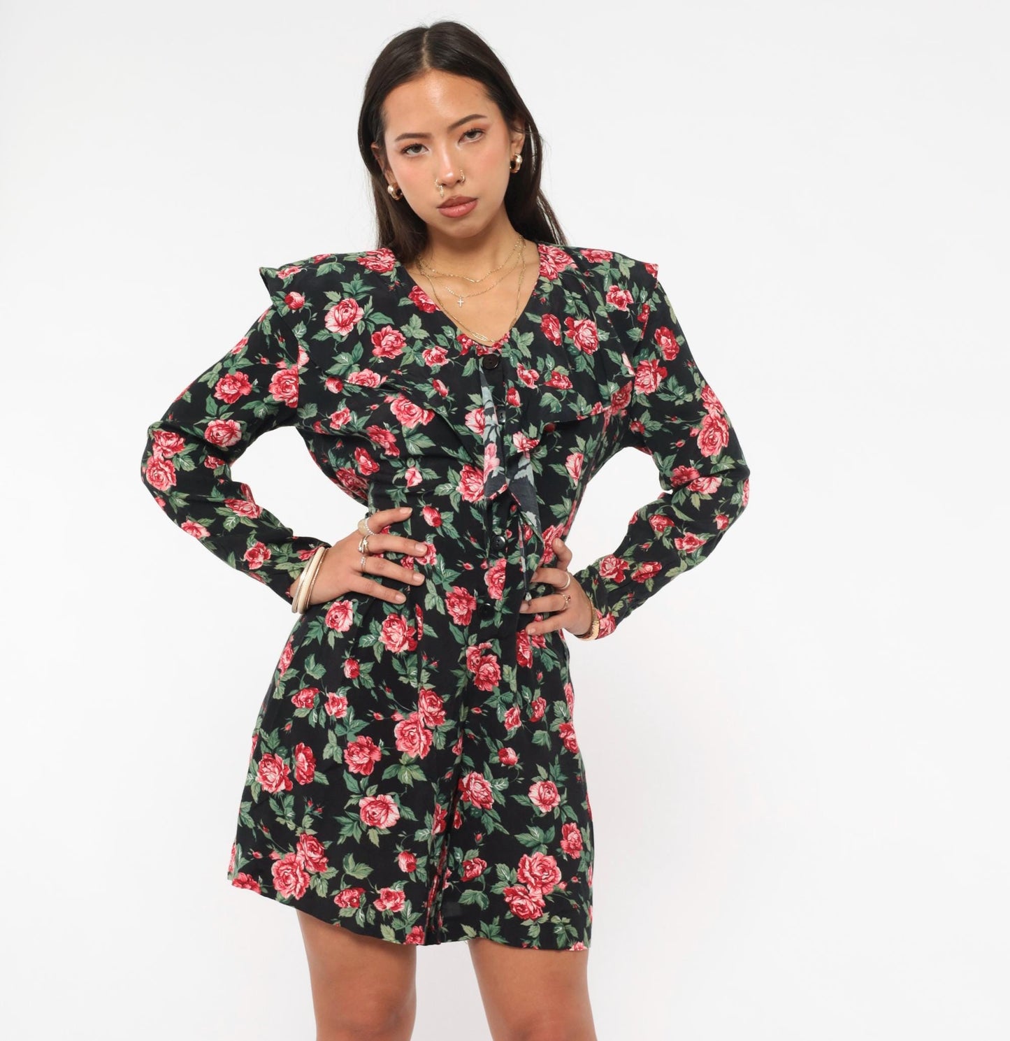 90s Rampage Rose Print Mini Dress Black Floral V-Neck Ruffle Long Sleeve Small